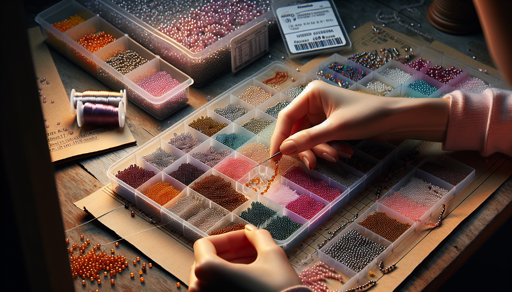 Close-up of hand making intricate beadwork jewelry with colorful Miyuki Delica 11/0 seed beads at a tidy Hilmaspyssel.se workspace.