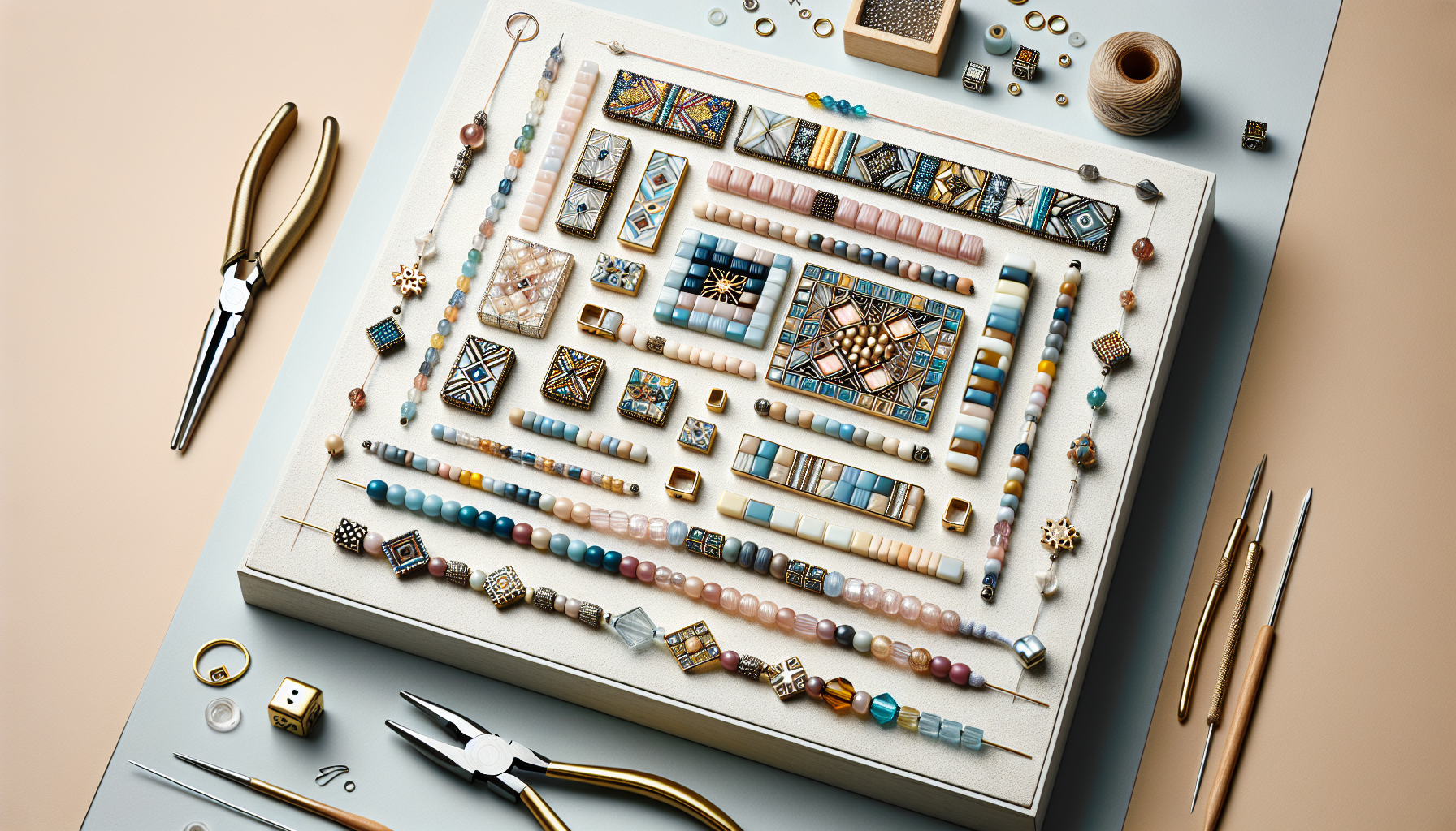 Colorful Miyuki Tila beads in geometric patterns with jewelry tools on a white background, highlighting creative bracelet making.