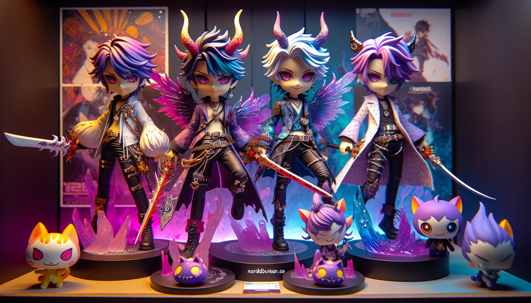 KPop Demon Hunters collectible figures on display shelf with vibrant K-pop fashion, fantasy weapons, and Nerdbutiken.se logo in lively background.