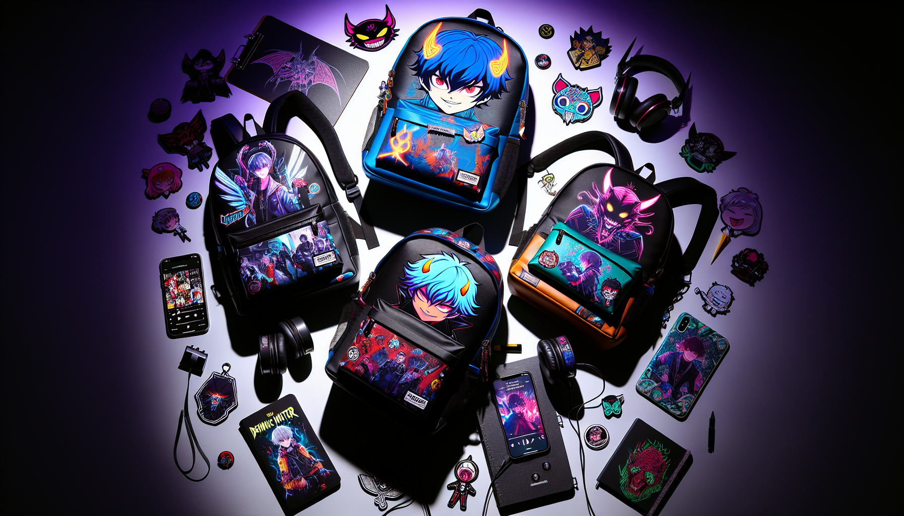 Three KPop-inspired Demon Hunters backpacks with anime art, neon accents, and Nerdbutiken.se branding, flat-lay style on colorful background.