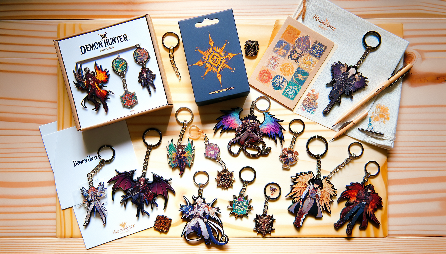 Flat lay of vibrant KPop Demon Hunters keychains on Scandinavian wood with Swedish elements and Nerdbutiken.se packaging, perfect for fans.