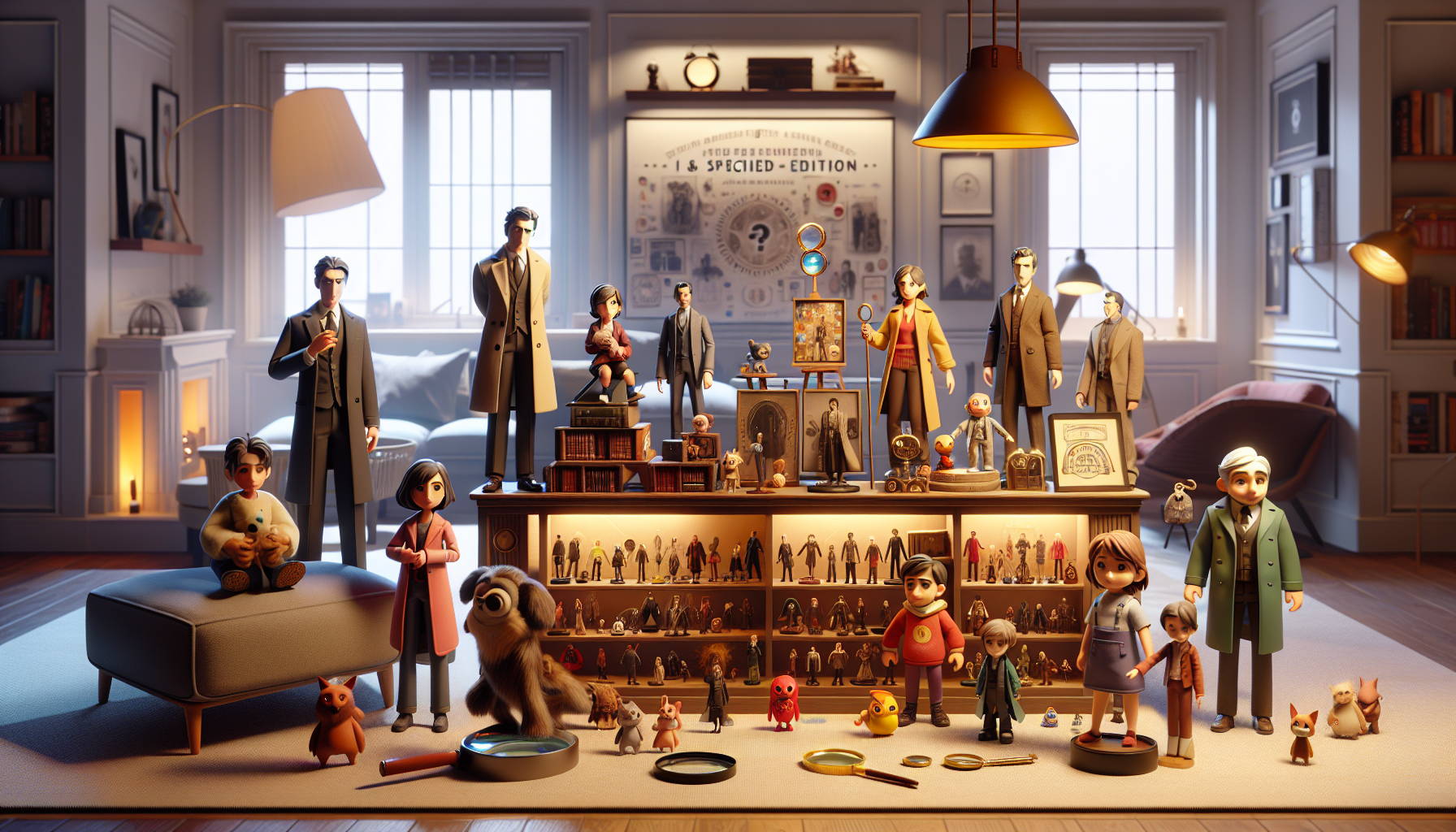 Display shelf with detailed Spy x Family figures, Loid, Anya, Yor; cozy Swedish decor, Nerdbutiken.se branding, limited edition badge.