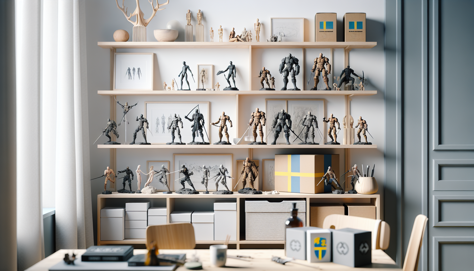 Modern shelf with Chainsaw Man anime figures—Denji, Power, Makima—in a bright Scandinavian room, Swedish decor, Nerdbutiken.se boxes.