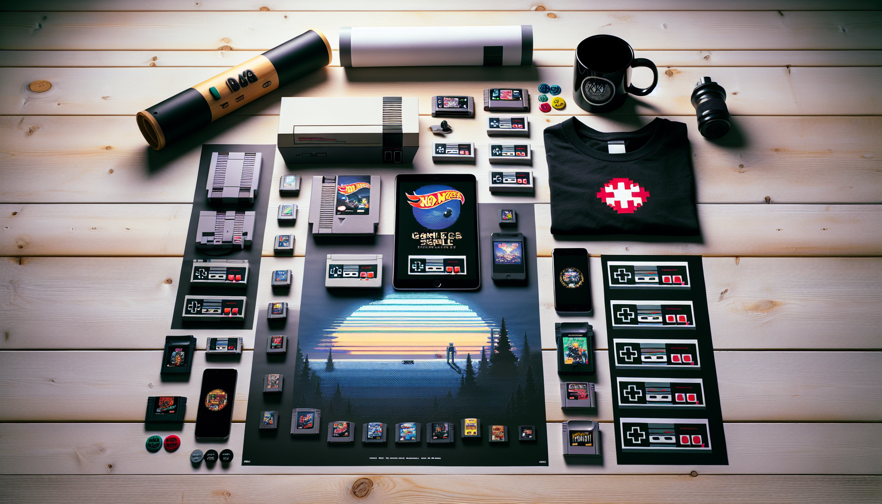 Flat-lay of Atari T-shirt, mug, retro poster, classic game cartridges, smartphone with Runns.se, and Swedish flag pin on wooden table.