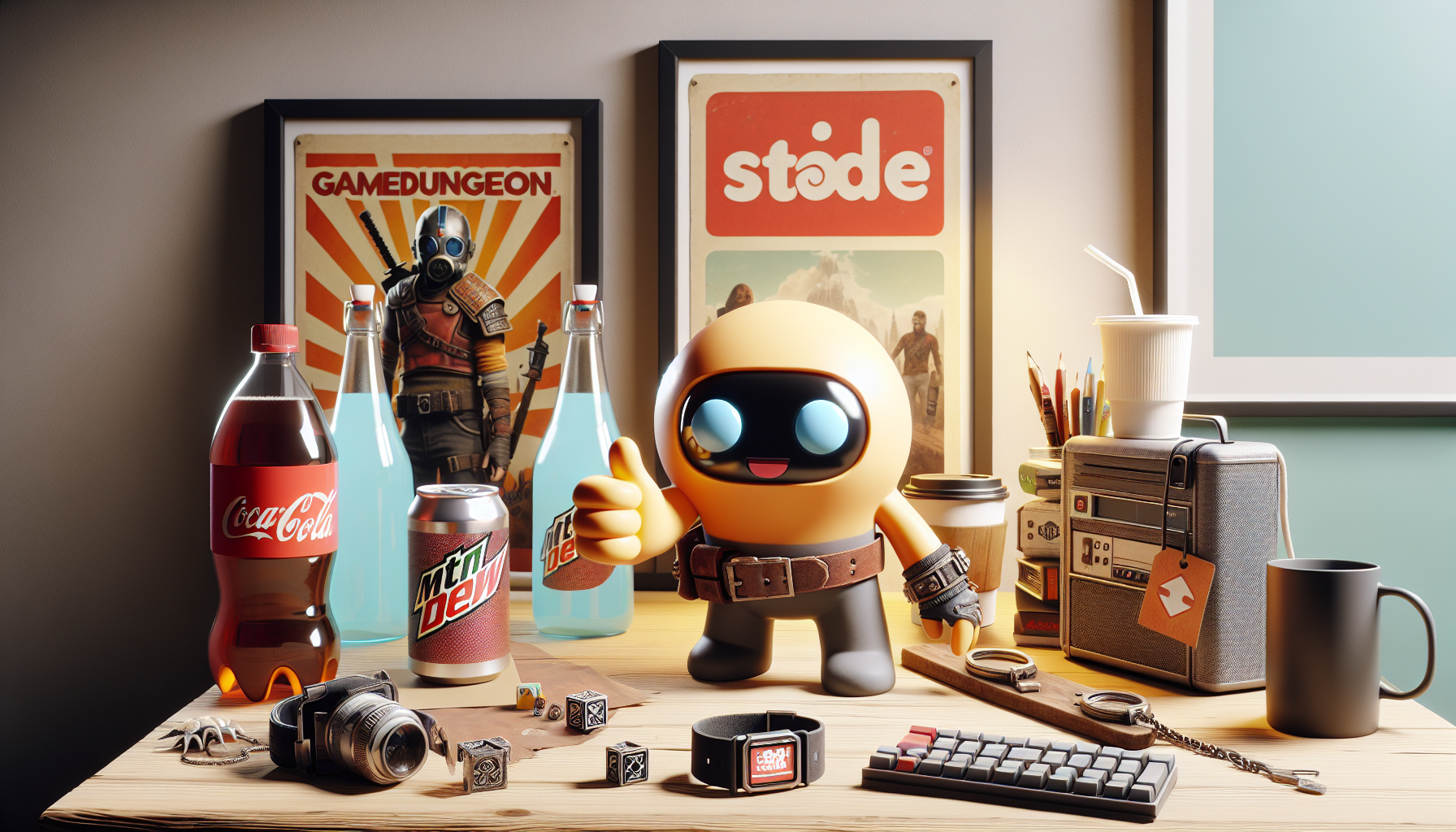 Stylish Fallout merchandise display with Vault Boy figurine, Nuka-Cola bottle, Pip-Boy, mug, and posters on a modern Swedish-style shelf.