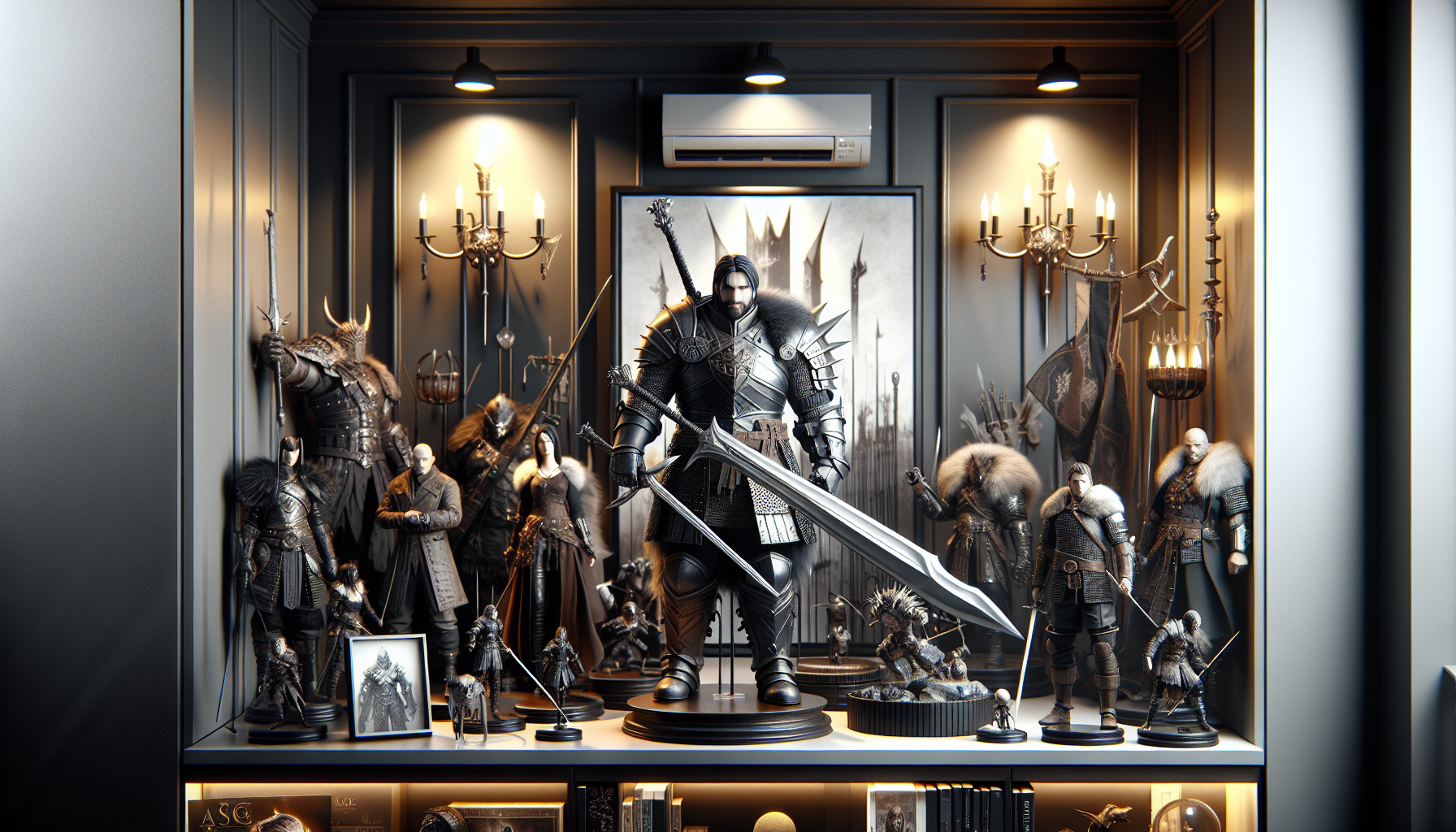 Modern Swedish display of detailed Berserk figures—Guts, Griffith, Casca—featured for Nerdbutiken.se collectible blog, dramatic lighting.