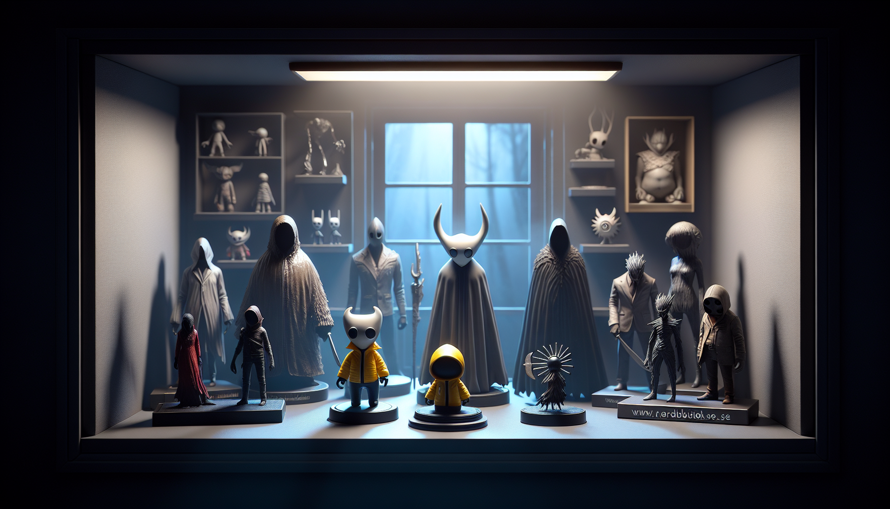 Little Nightmares collectible figures on a stylish shelf with moody lighting, featured at Nerdbutiken.se, Swedish flag in the background.