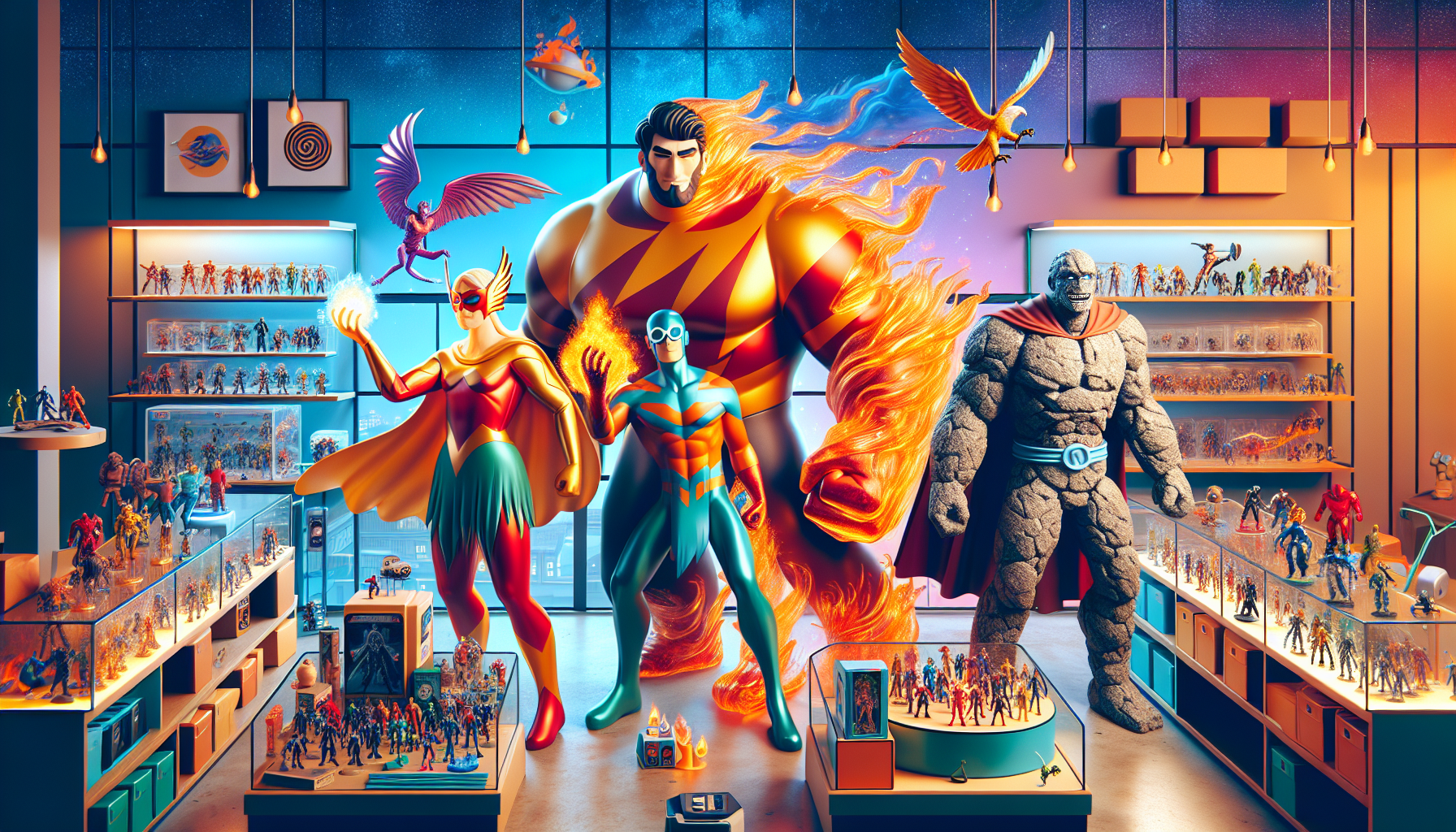 Alt text: Fantastic Four action figures in blue suits posed heroically in a modern Swedish Marvel collector’s room with Nerdbutiken.se branding.