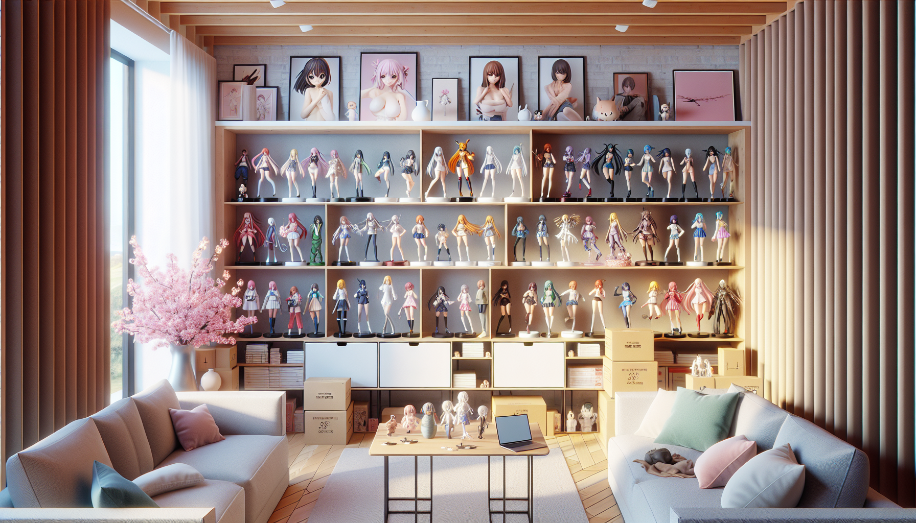 Hatsune Miku figures on modern Scandinavian shelves with cherry blossoms, Japanese decor, and Nerdbutiken.se laptop in bright Swedish living room.