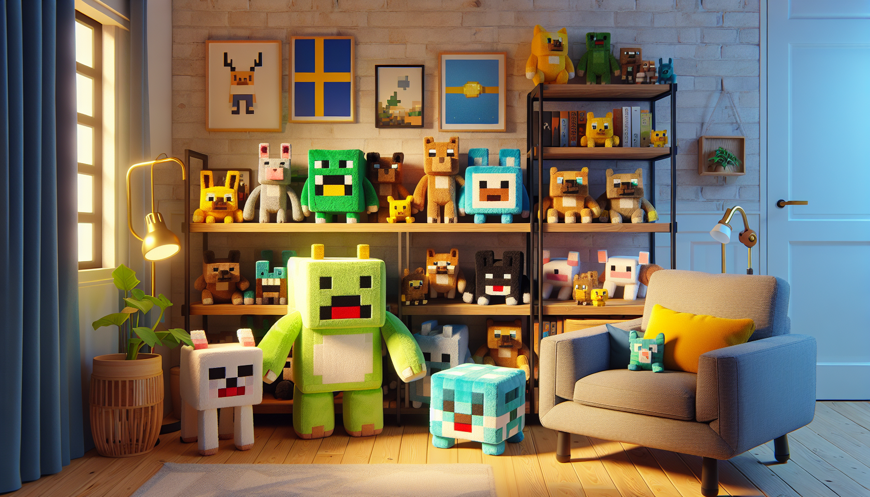 Cozy room with colorful Minecraft plush toys—Creeper, Ocelot, Piglin—on a shelf, Swedish decor, Nerdbutiken.se, inviting for collectors.