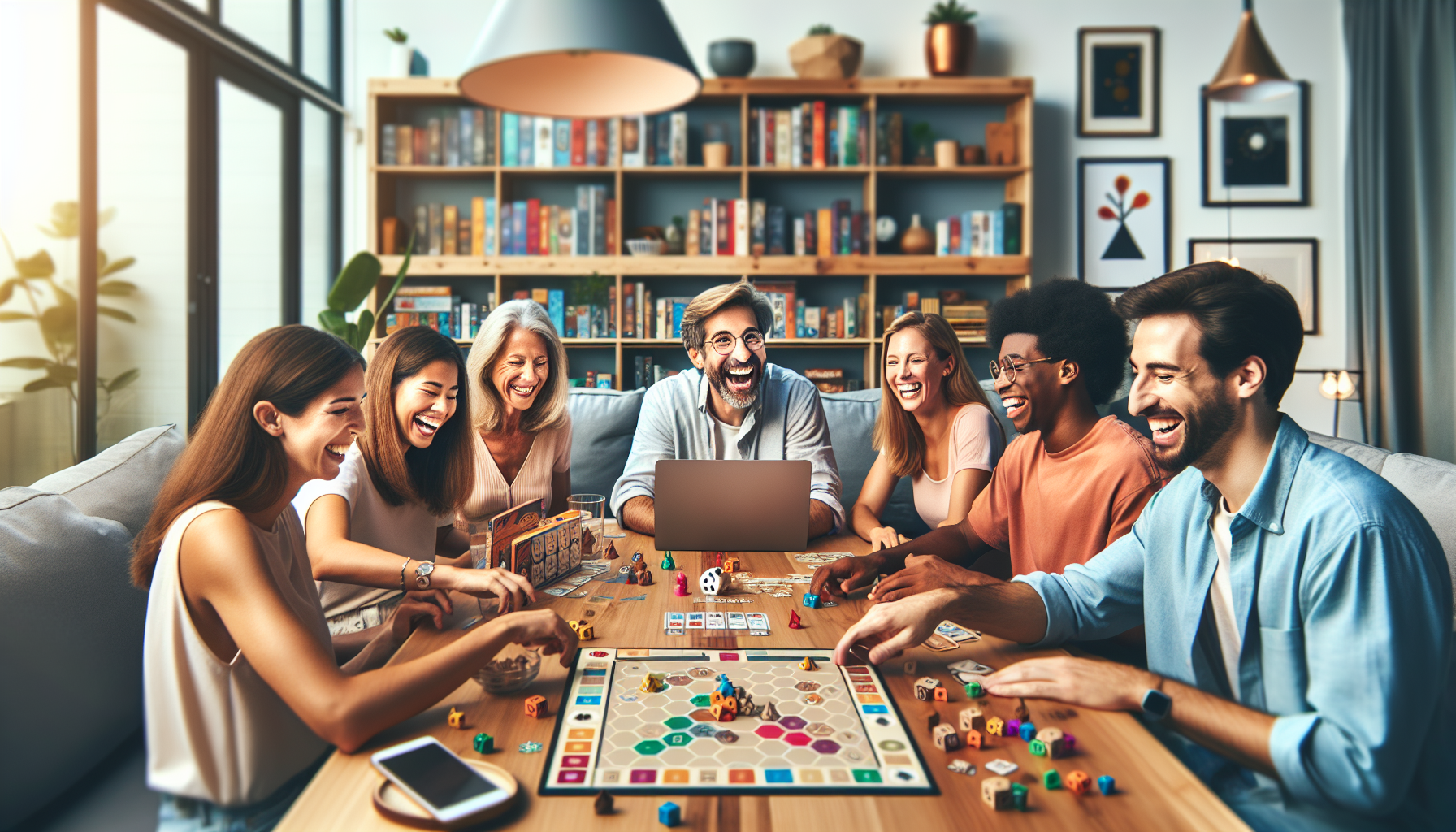Vuxna och tonåringar spelar moderna brädspel vid ett bord i ett svenskt hem, med synlig laptop och fika, för Lotsofloot.se-blogginlägg.