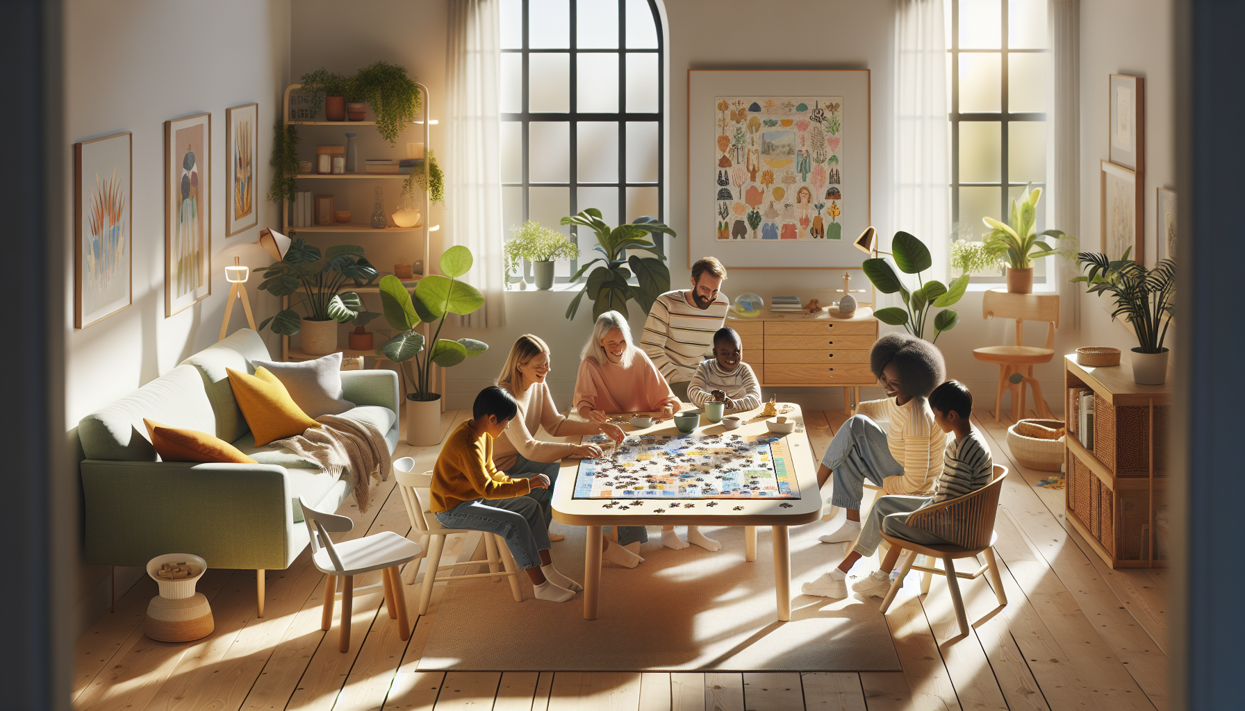 En skandinavisk vardagsrumsscen med familj som lägger färgglatt pussel på träbord, solsken, växter och Lotsofloot.se-logga i bakgrunden.