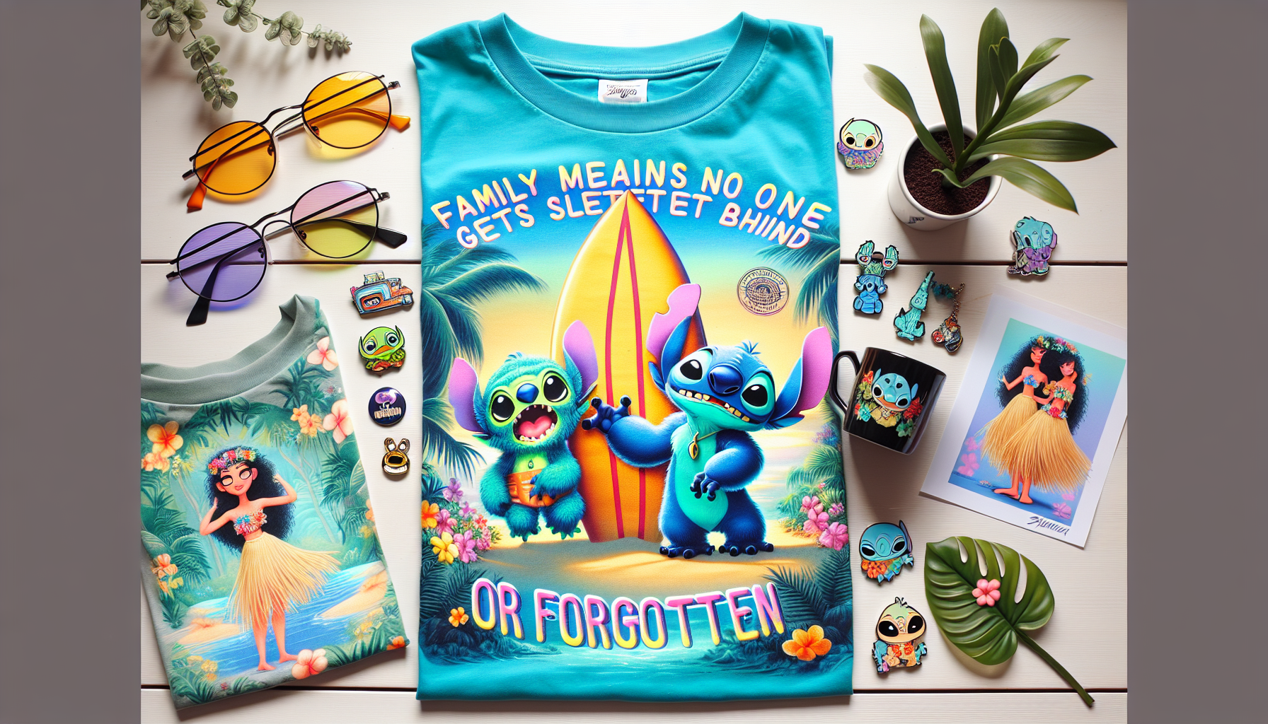Färgglada “Lilo & Stitch”-T-shirts med Disney-motiv, accessoarer och blommor på ljus träyta. Perfekt för Disney-mode i svensk webbutik.