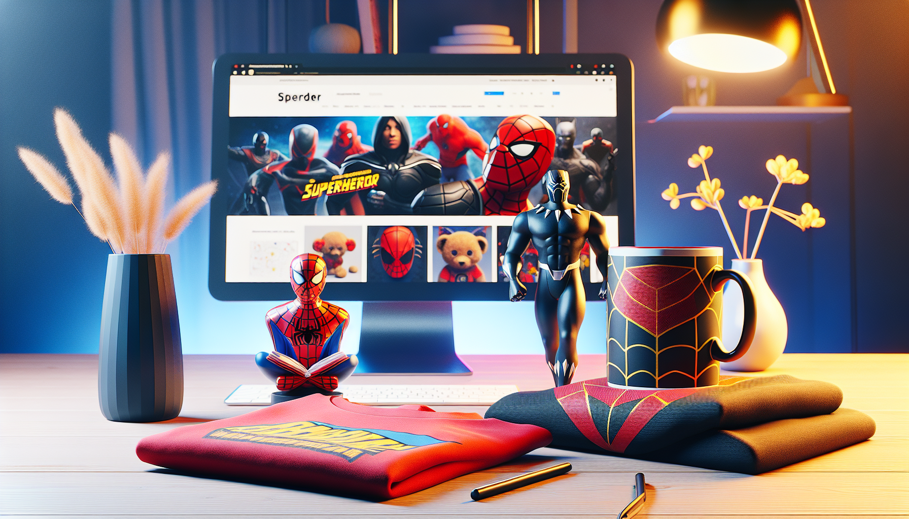 Svenskt hem med Marvel-produkter: Spider-Man-mugg, Iron Man-tröja, Black Panther-figur, serietidning och Runns.se på dator.