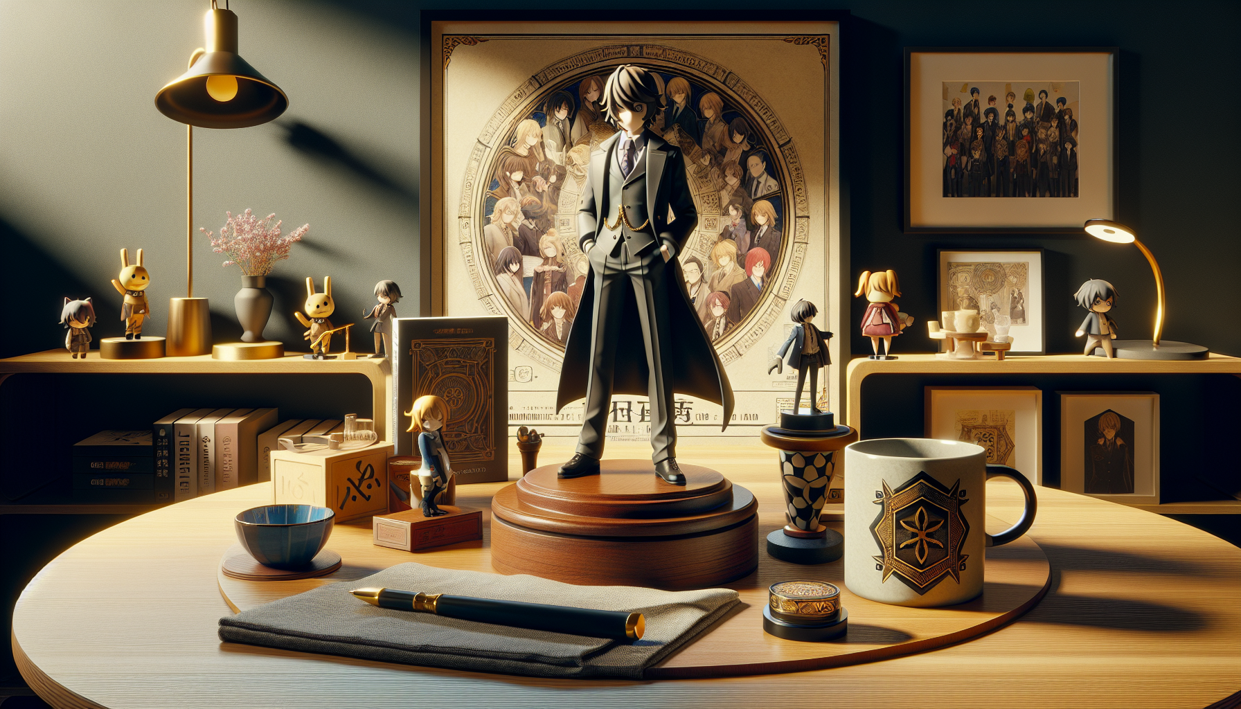 Stilren illustration av Detective Conan-samlarprylar på ljust träbord med skandinavisk design – figur, mugg, poster och badge för animefans.