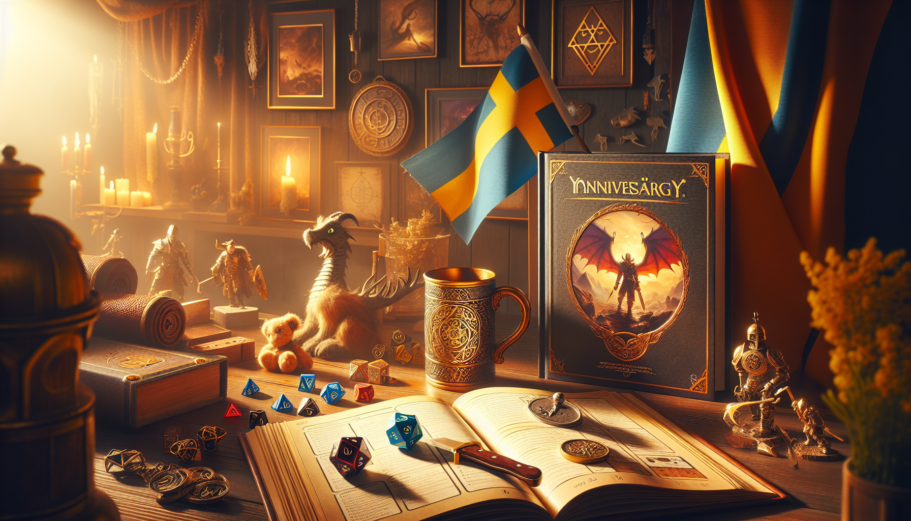 Dungeons & Dragons-bord med öppet regelbok, drake, D20-tärning och samlarföremål hos Runns.se, mysig svensk spelmiljö.