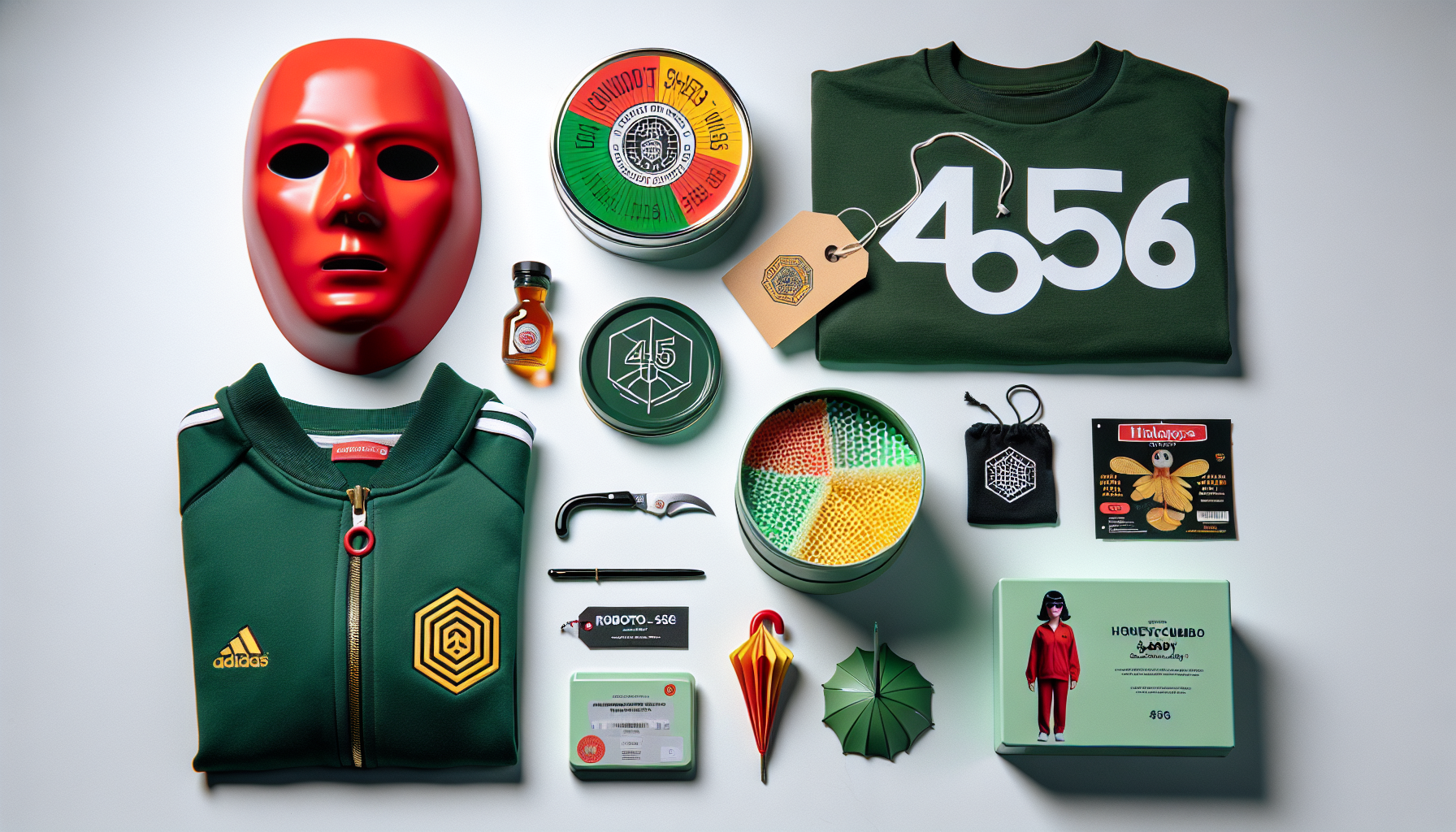 Plattläggning av Squid Game-merch: röd vaktmask, grön 456-tröja, dalgona-kaka, logo-tshirt, dockfigur och Robotto.se-taggar.