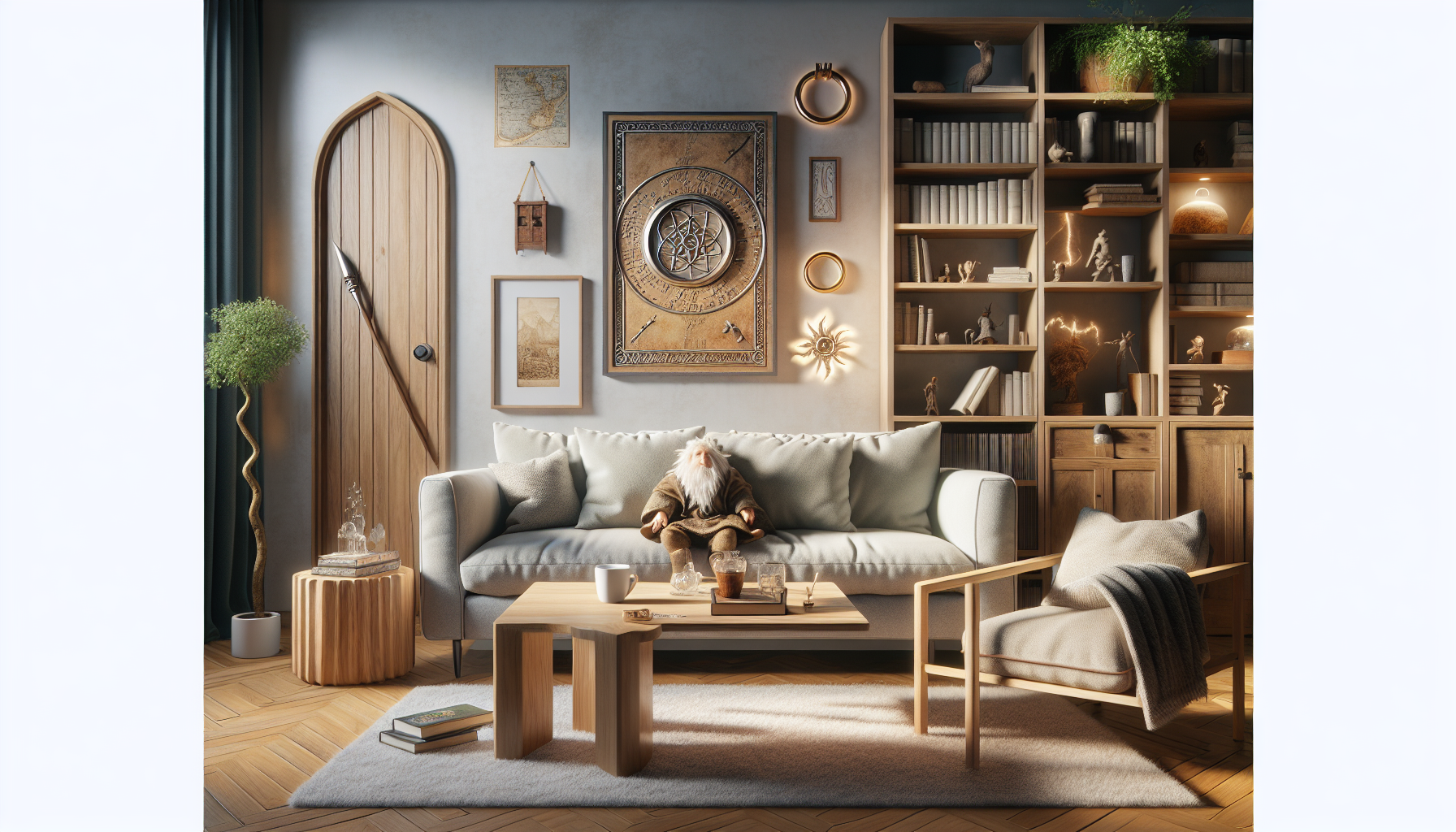 Svenskt vardagsrum med Sagan om ringen-samlarföremål: En ring, Gandalf-figur, hobbitdörr, Midgård-karta och mjuk Gollum-leksak.