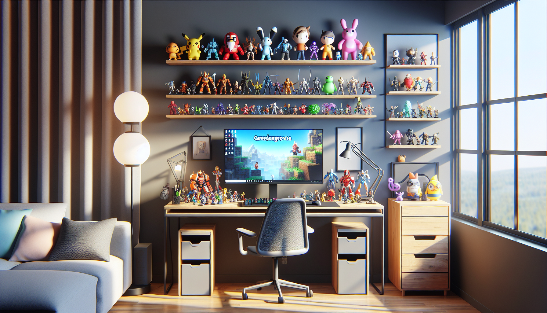 Svenskt gamingbord med Youtooz-figurer, Gamedungeon.se på skärmen, nordisk design och dagsljus; perfekt för samlare och gamers.