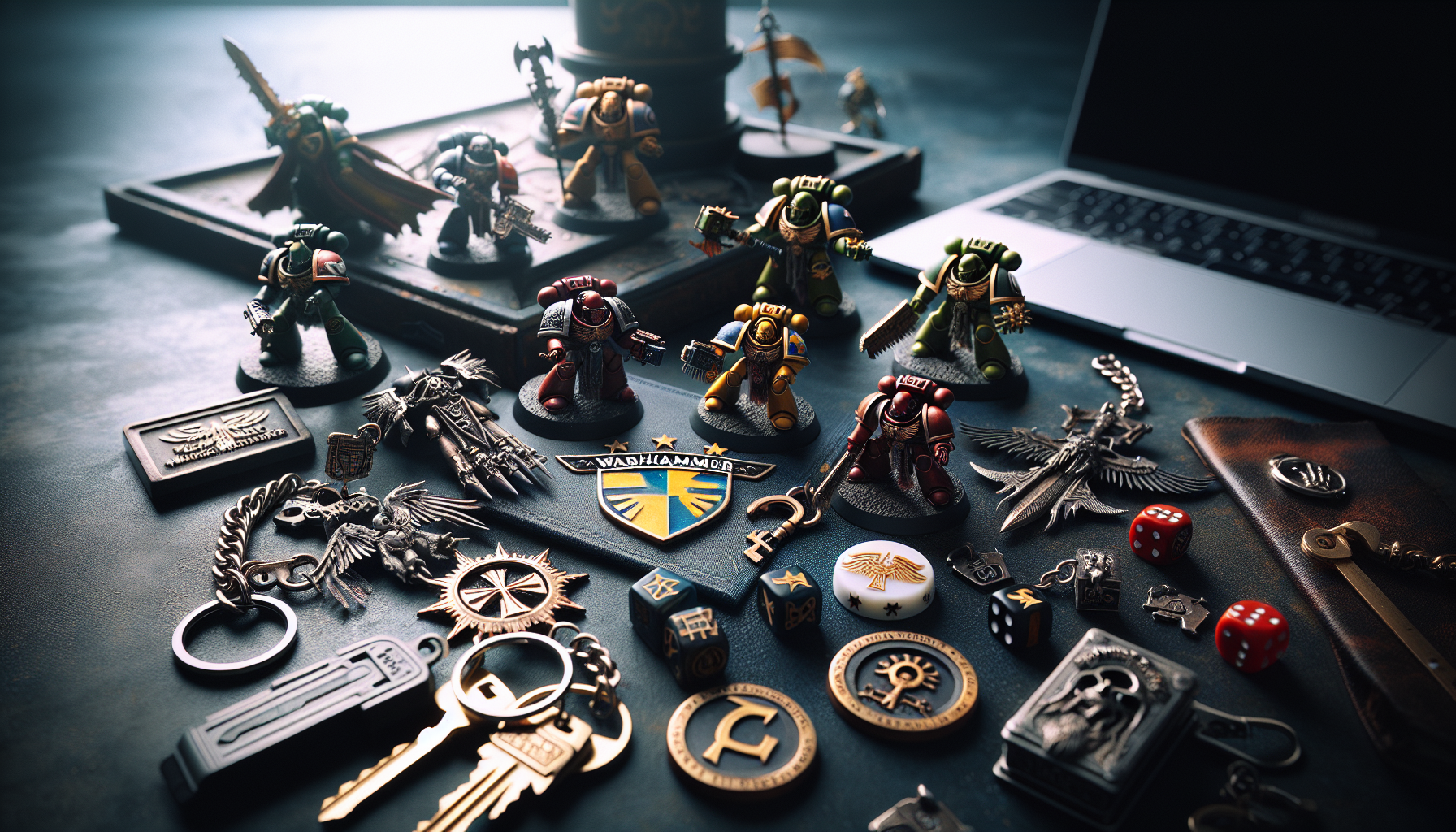 Warhammer-nyckelringar hos svensk nördbutik: Space Marine, Chaos, Ork-emblem med tärningar, miniatyrer och svensk flagga.