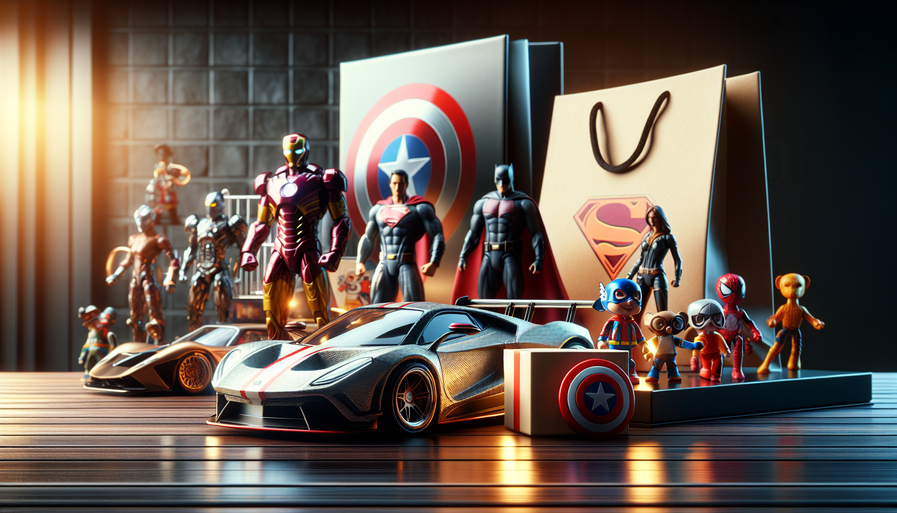 Färgglada Jada Toys bilar och superhjältefigurer på modern hylla, Robotto.se logotyp och svensk flagga, perfekt för samlare.