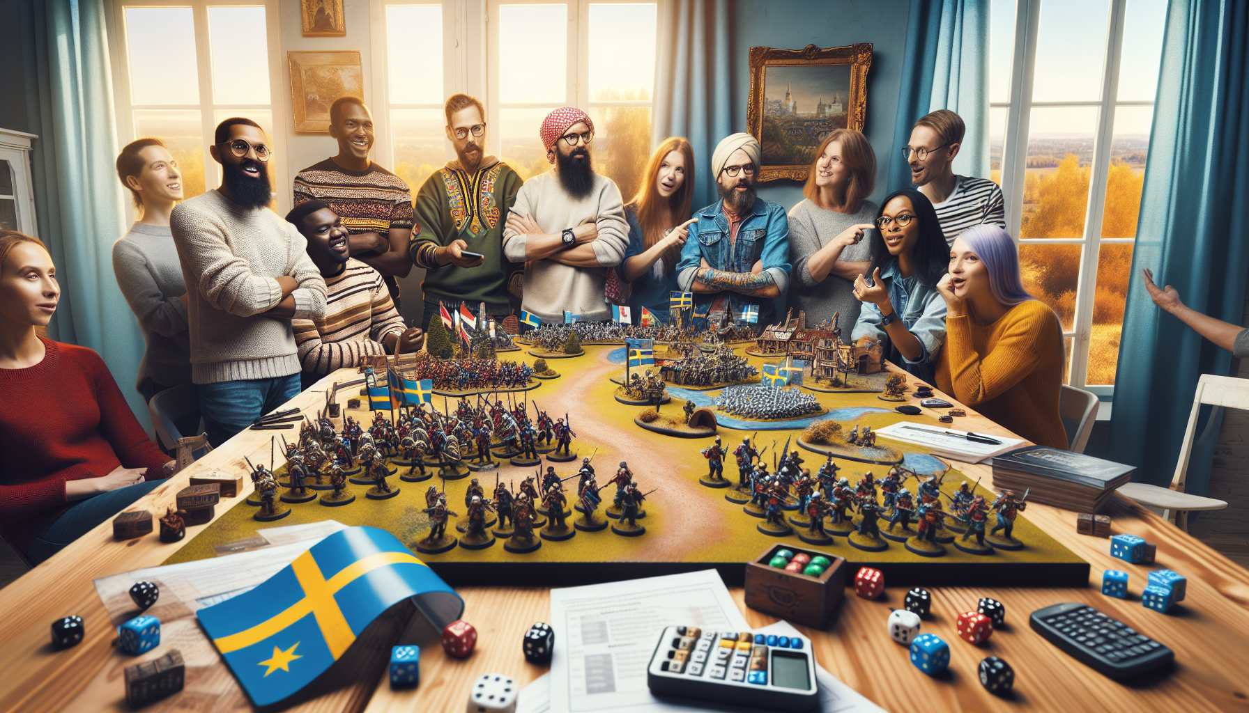 Livlig scen med målade miniatyrer från Bolt Action och Hail Caesar på spelbord, svenska flaggan, spelare i gemenskap, modern stil.