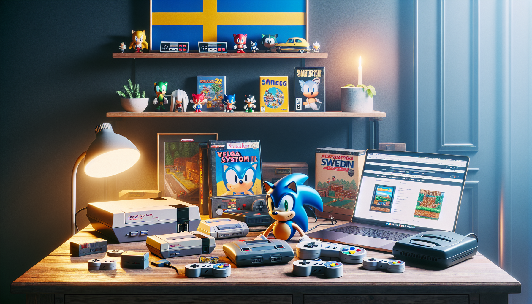 Sega-konsoler, spel och Sonic-figur på träbord med laptop som visar Nerdbutiken.se, retro-spelhylla, svensk design, samlarhörna.