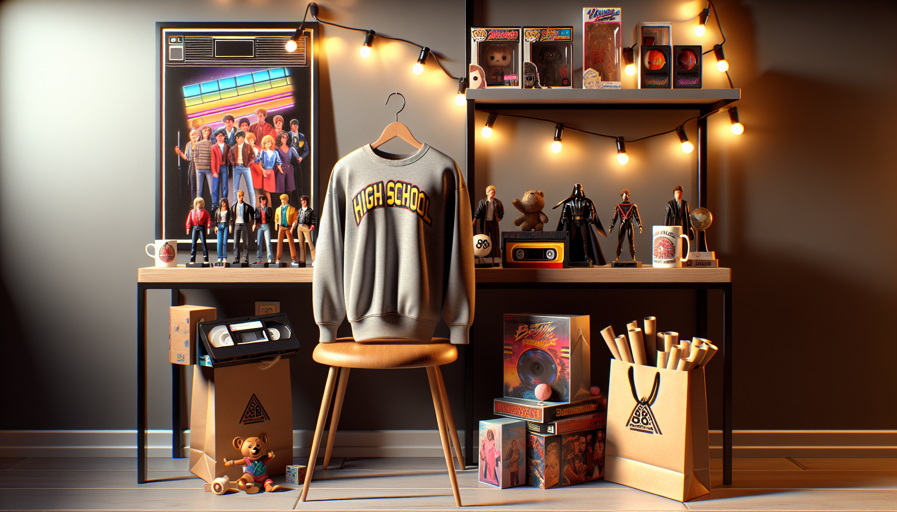 Stranger Things merch hos Robotto.se: Hawkins High-tröja, samlarfigurer, retro-mugg, poster, VHS-kassetter och julbelysning på skrivbord.