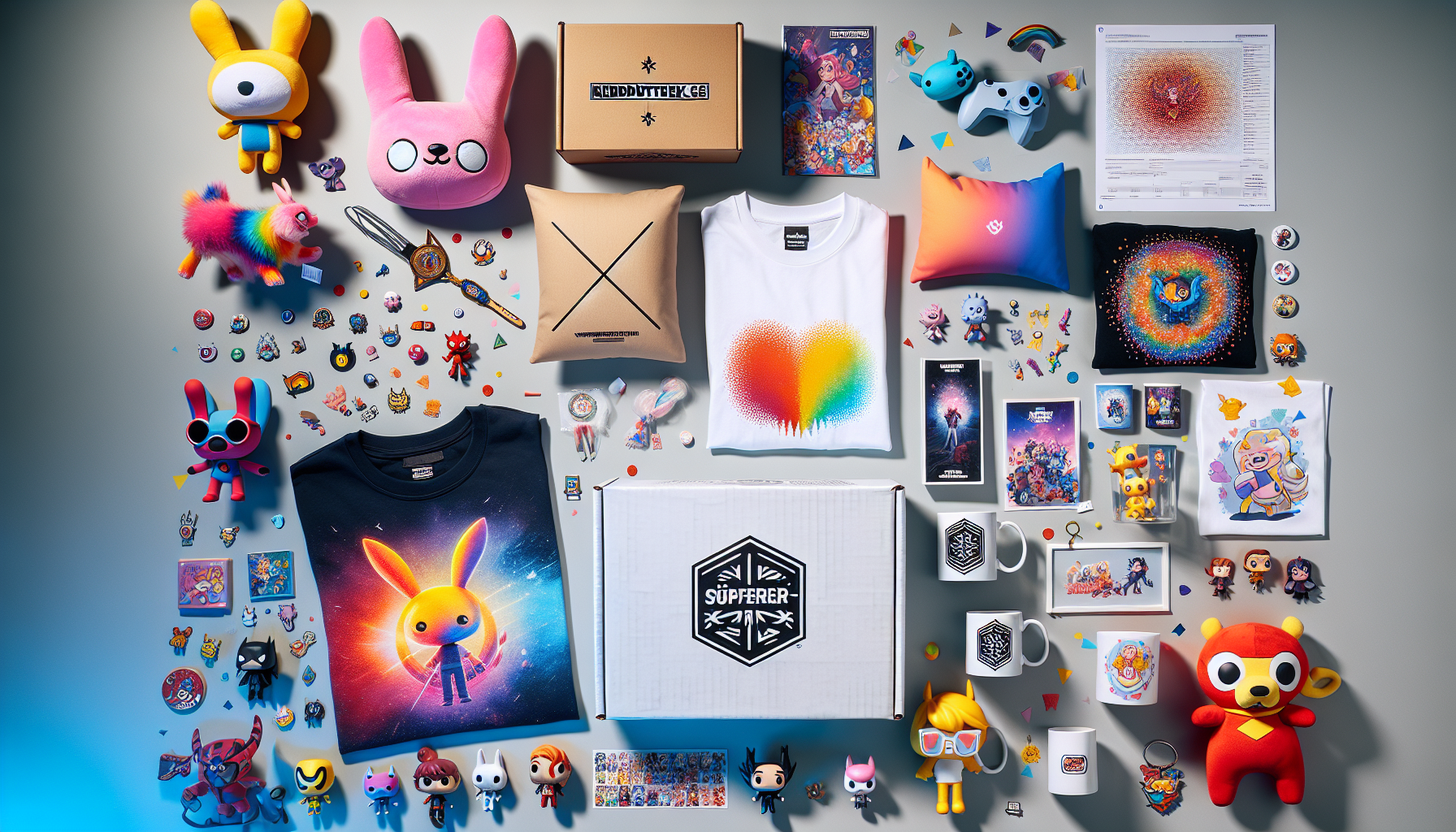 Färgstark flatlay av Hazbin Hotel-merch från Nerdbutiken.se: t-shirts, muggar, mjukisdjur och samlarfigurer på ljus bakgrund.