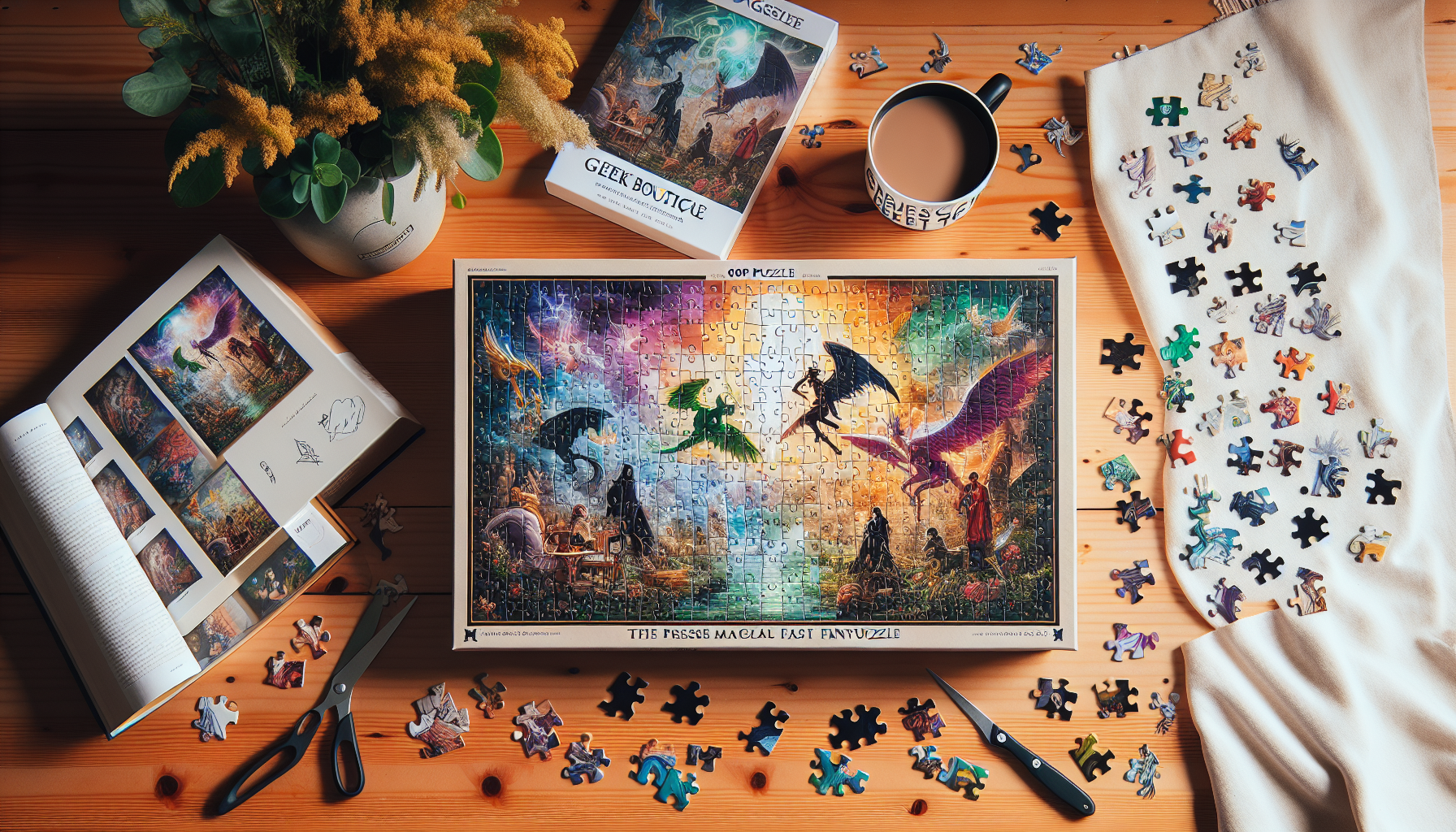 Färgstark flat-lay-bild av påbörjat Fairy Tail-pussel med animekaraktärer, kaffe, manga, och Nerdbutiken.se-logga på träbord.