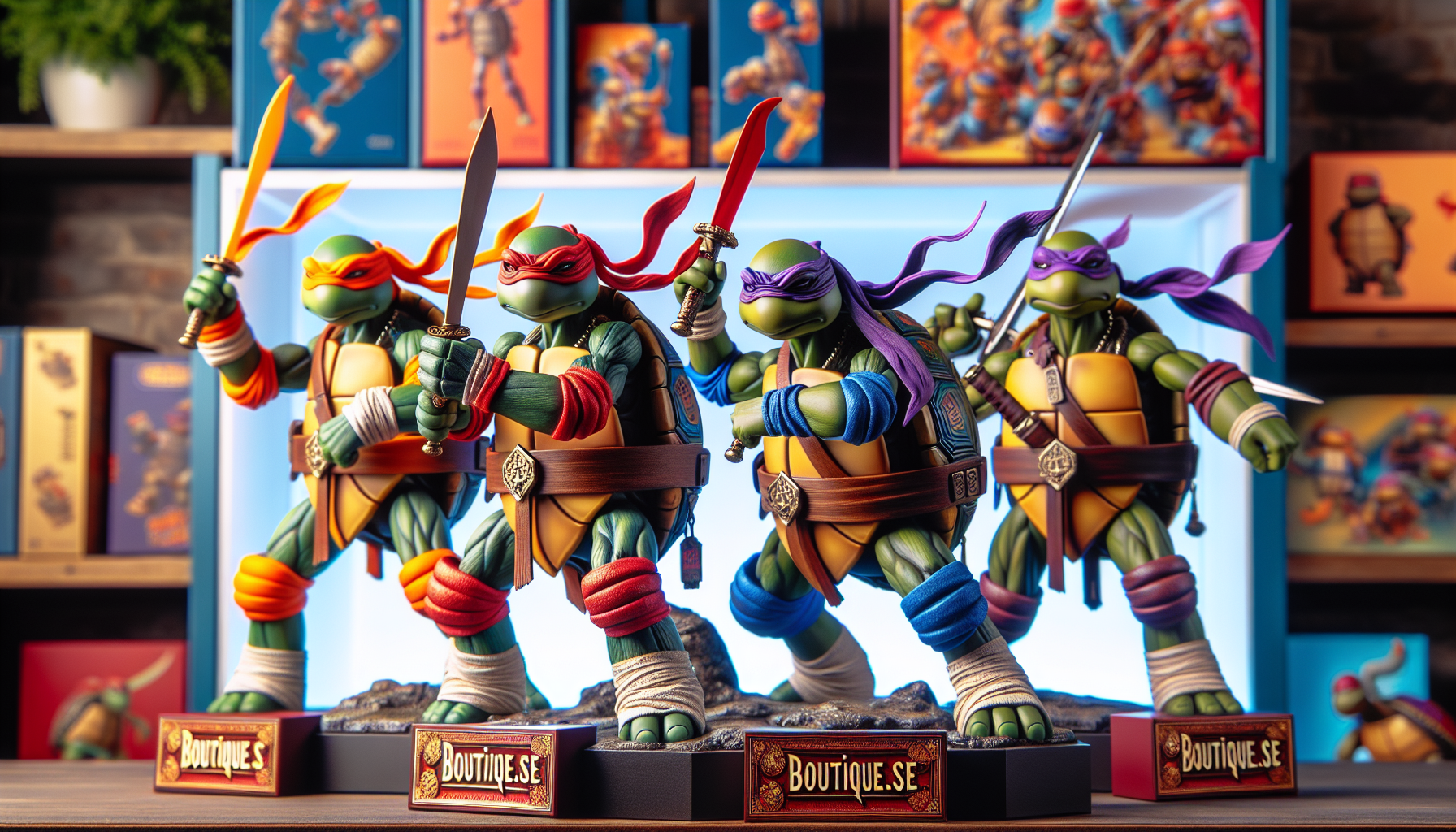Shelf with Teenage Mutant Ninja Turtles figures at Nerdbutiken.se, dynamically posed among collectibles and Swedish details