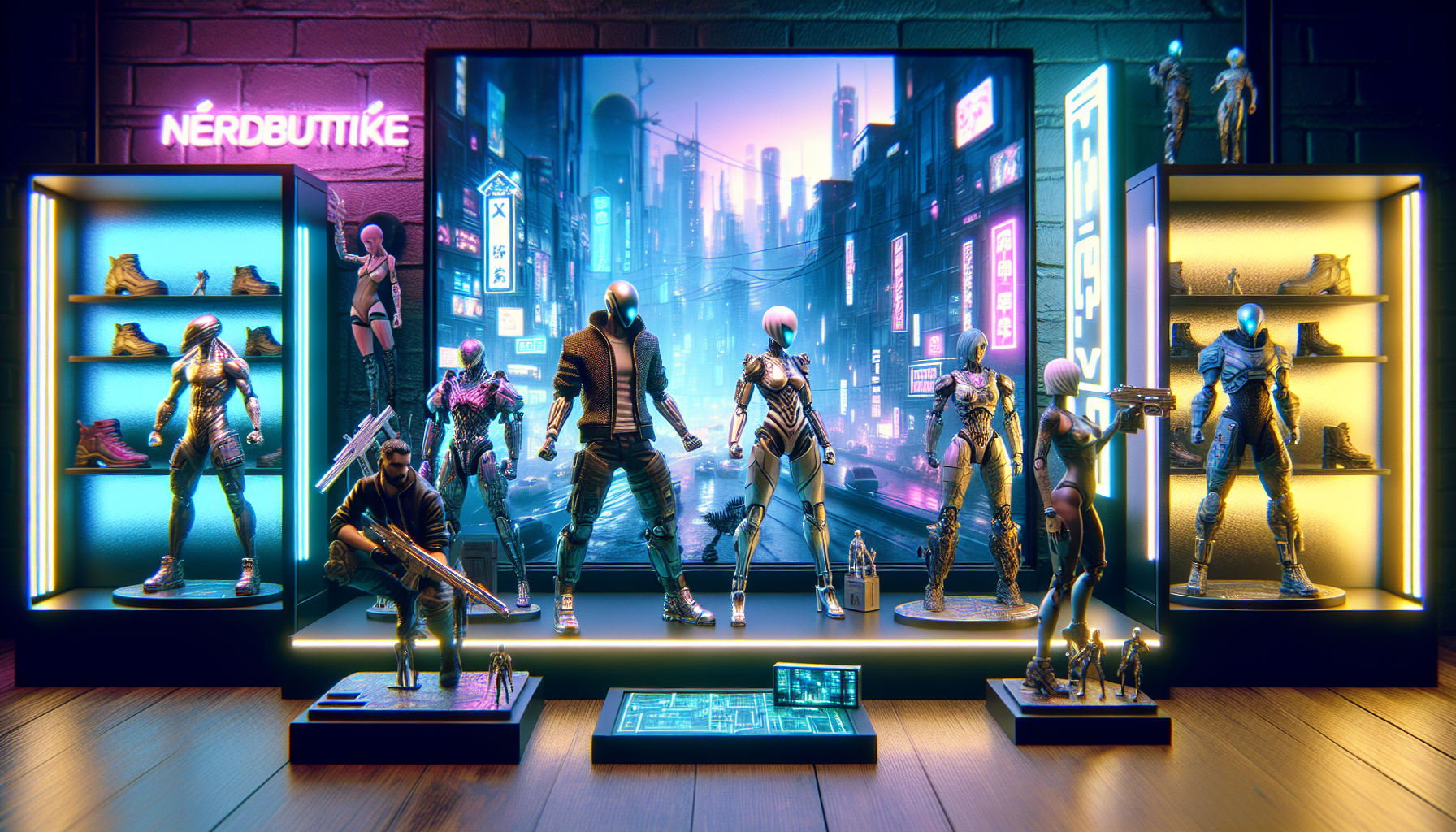 Cyberpunk 2077 samlarfigurer på neonbelyst hylla med stadsutsikt, V och Johnny Silverhand, Nerdbutiken.se logga syns i förgrunden.