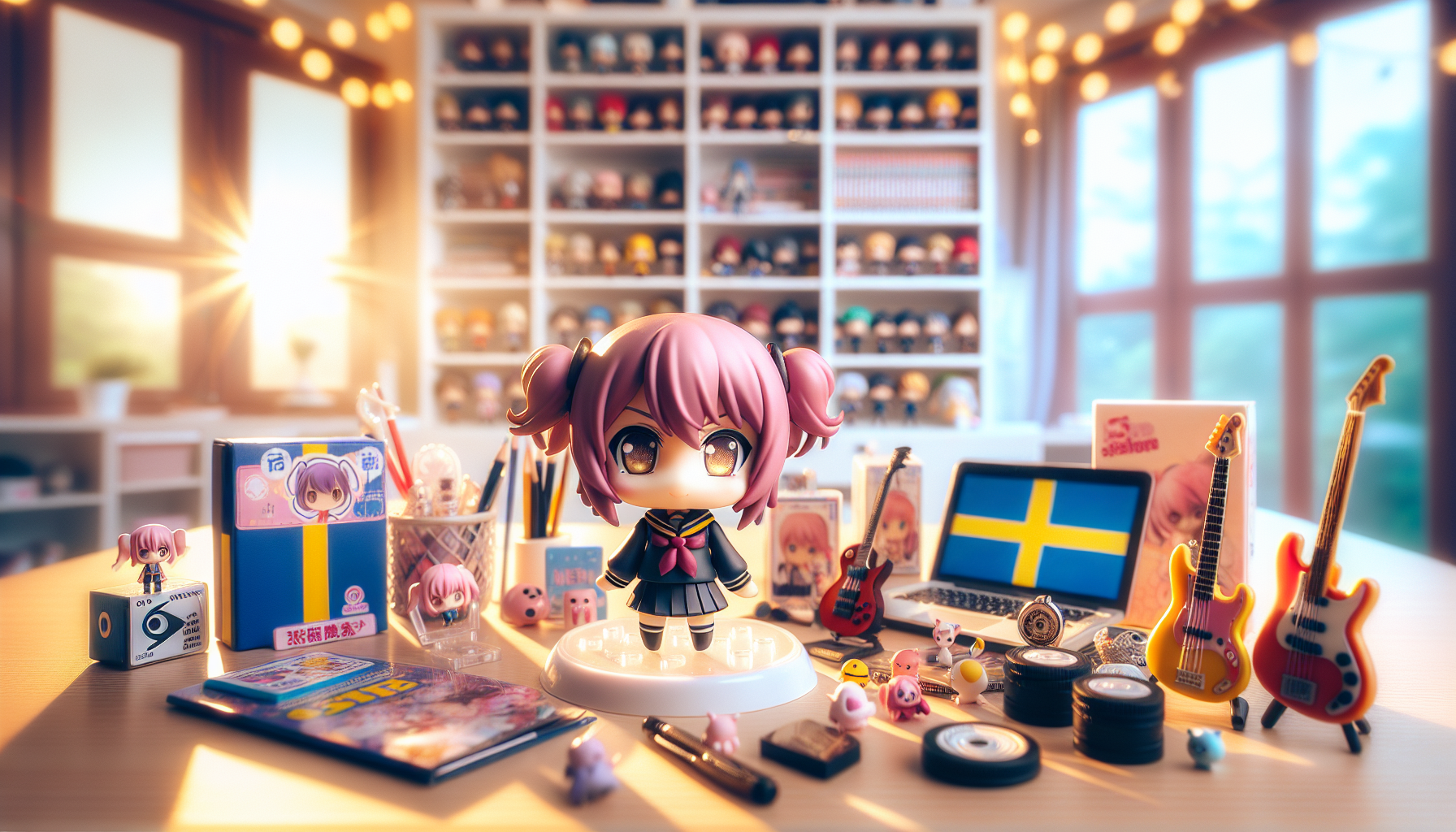 Bocchi the Rock! Nendoroid-figur med rosa hår och skoluniform, omgiven av samlarprylar och svensk flagga, på samlarbord.