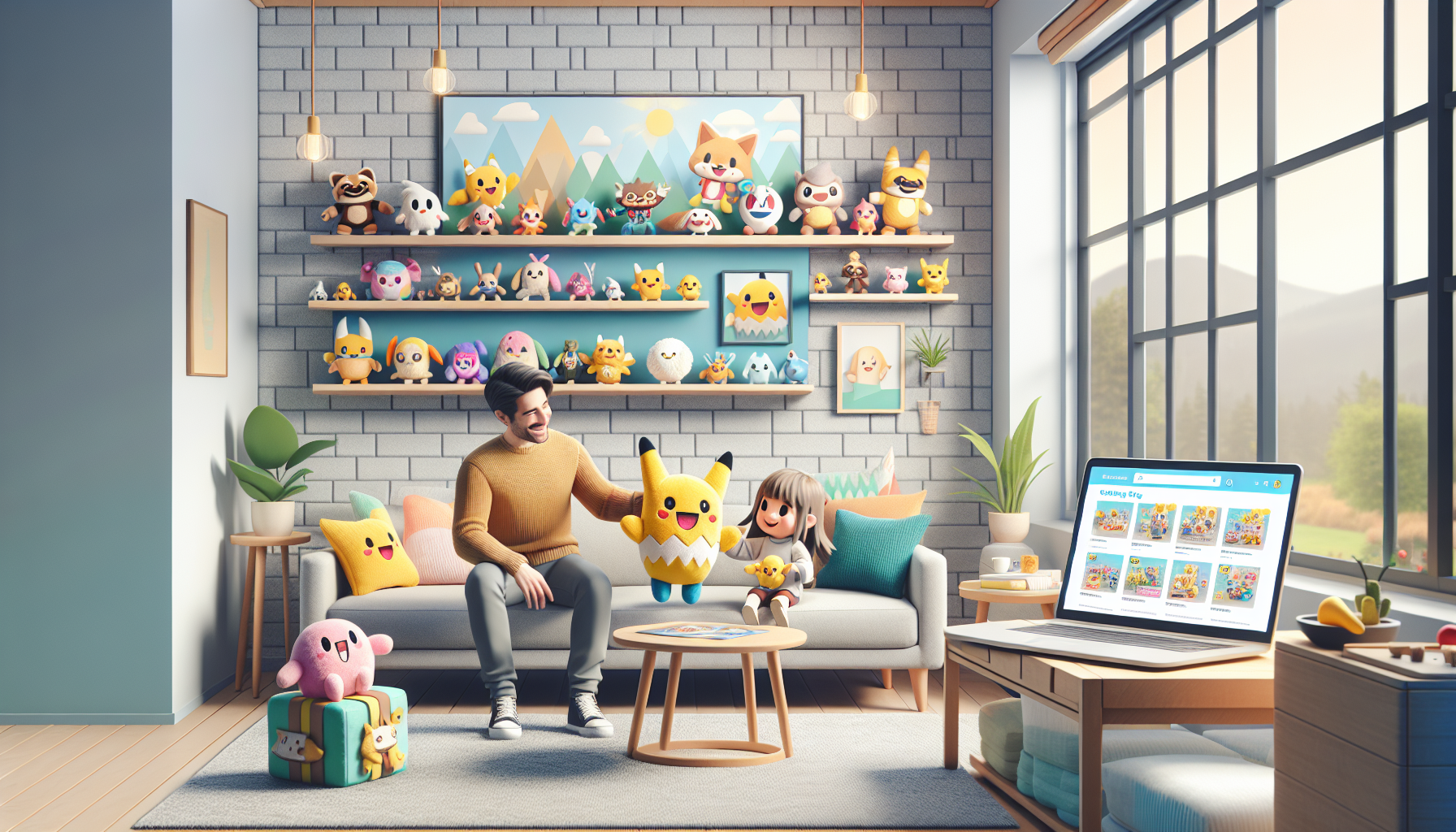 Sonic gosedjur på soffbord i skandinaviskt vardagsrum, barn och vuxen leker, Lotsofloot.se visas på laptop, svensk fika på bricka.