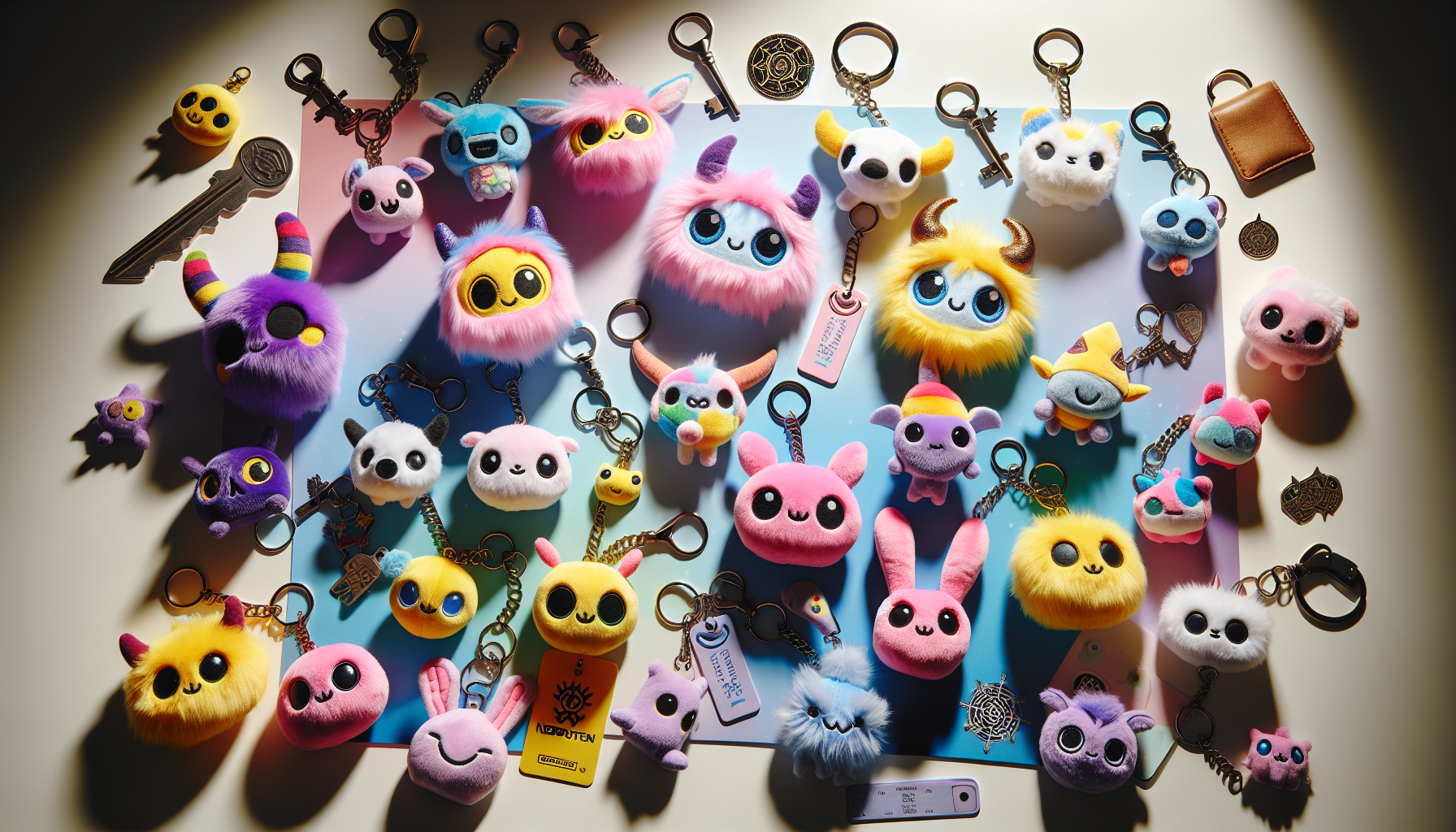 Färgglada Squishmallows nyckelringar på vitt bord med svensk flagga och nerdbutiken.se, perfekta för samlare och blogginlägg.