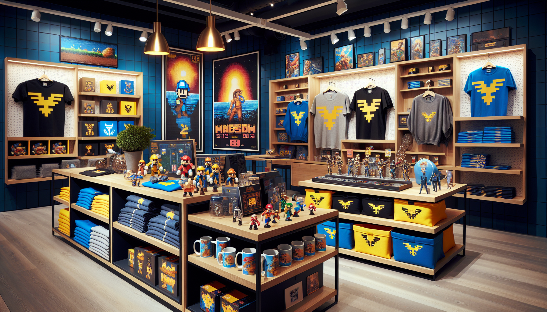 Snygg Mega Man-uppvisning i svensk spelbutik med actionfigurer, t-shirts, muggar och tillbehör mot modern inredning och retroaffisch.