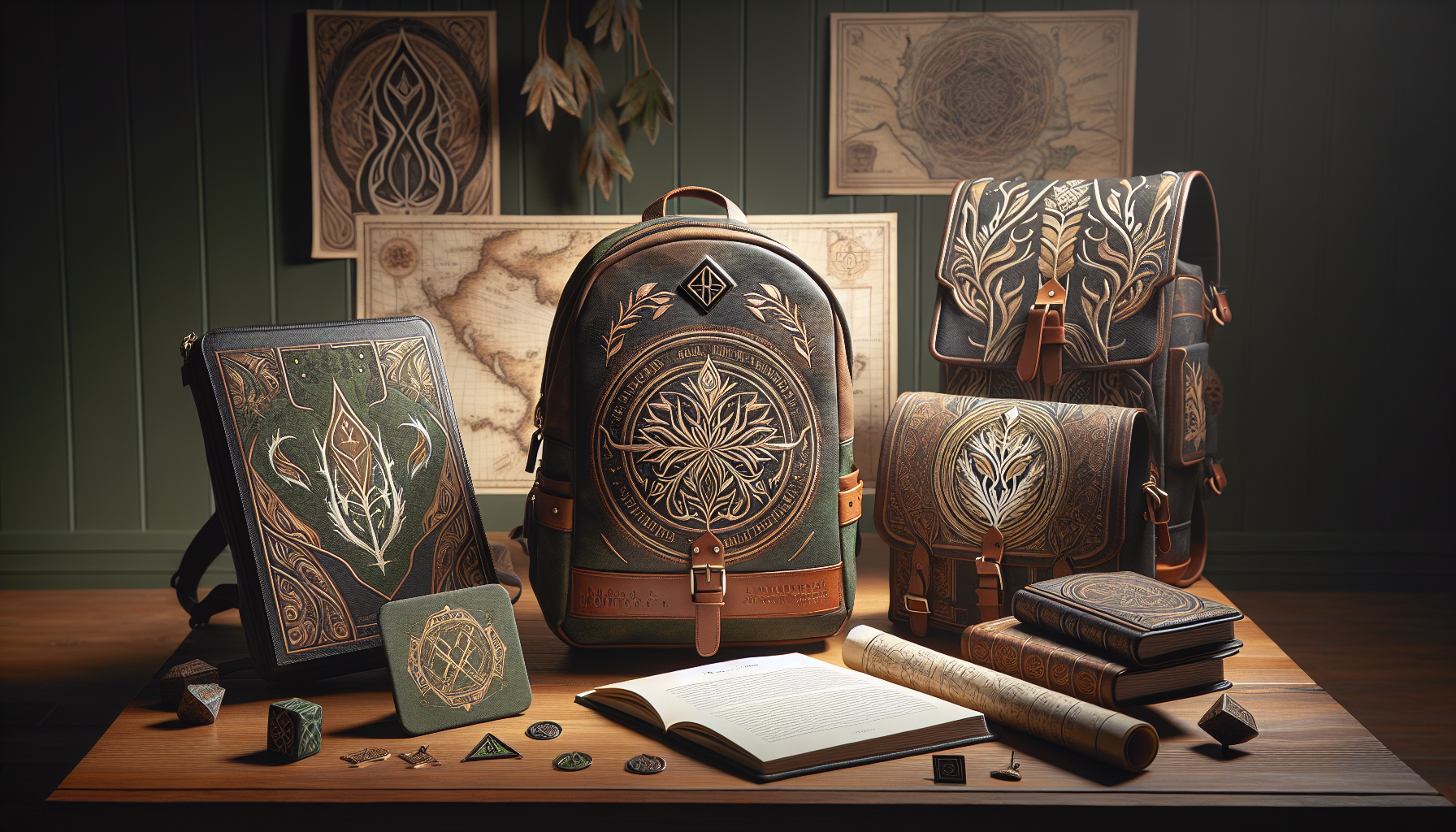 Snygga Lord of the Rings-ryggsäckar på träbord, detaljer som Midgårdskarta och Gondors träd, exklusivt hos Nerdbutiken.se.