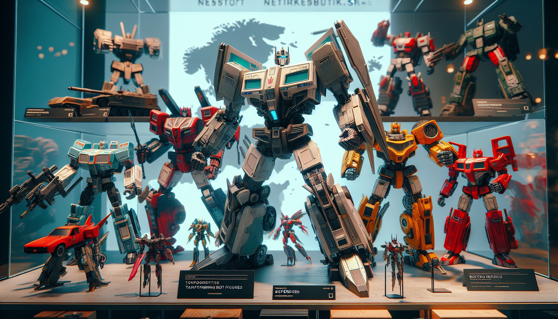 Dynamisk visning av detaljerade Transformers-figurer på glashyllor med svensk karta och Nerdbutiken.se-logga i bakgrunden.