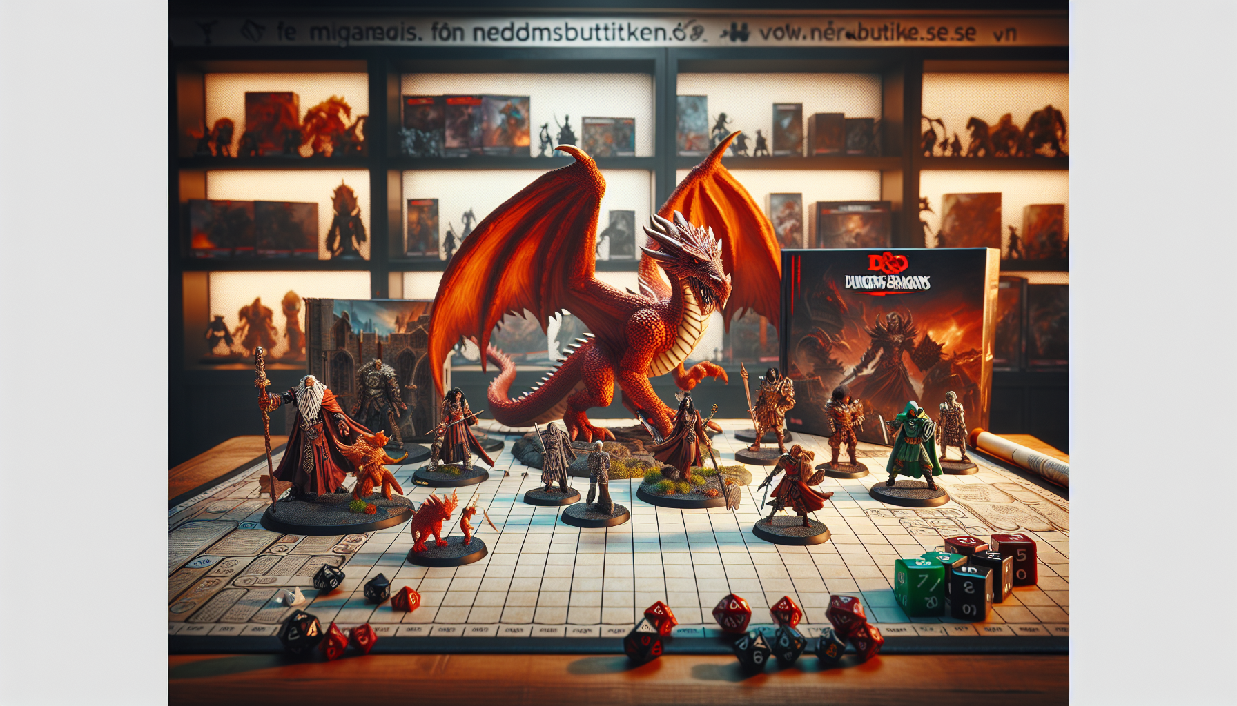 Detaljerade Dungeons & Dragons-miniatyrer på spelbord med tärningar, karaktärsblad och Nerdbutiken.se i bakgrunden.