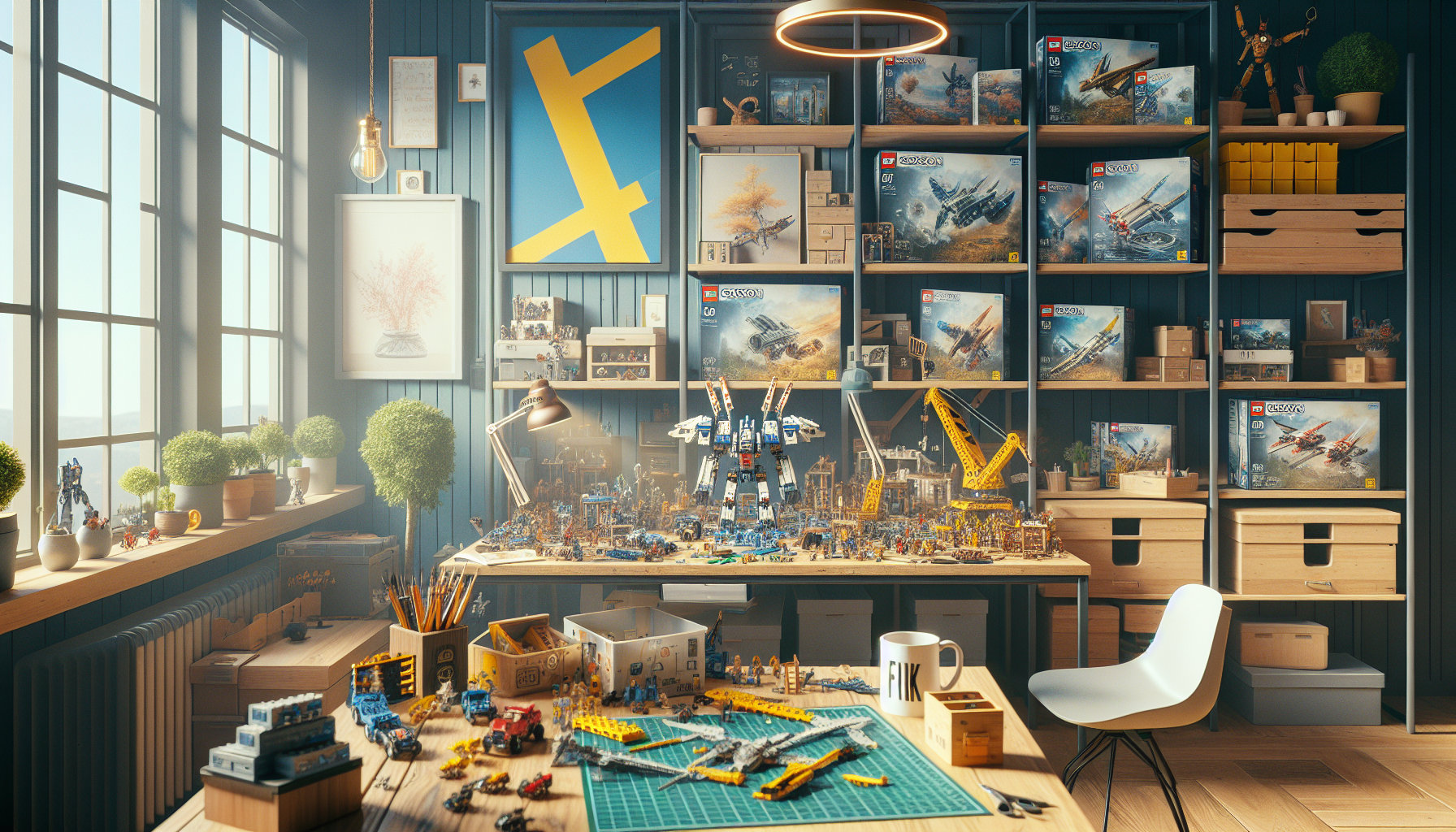 Svenskt samlarbord med Pantasy byggsatser, färgglada modeller, Nerdbutiken.se-logga, mysig inredning och svensk flagga.