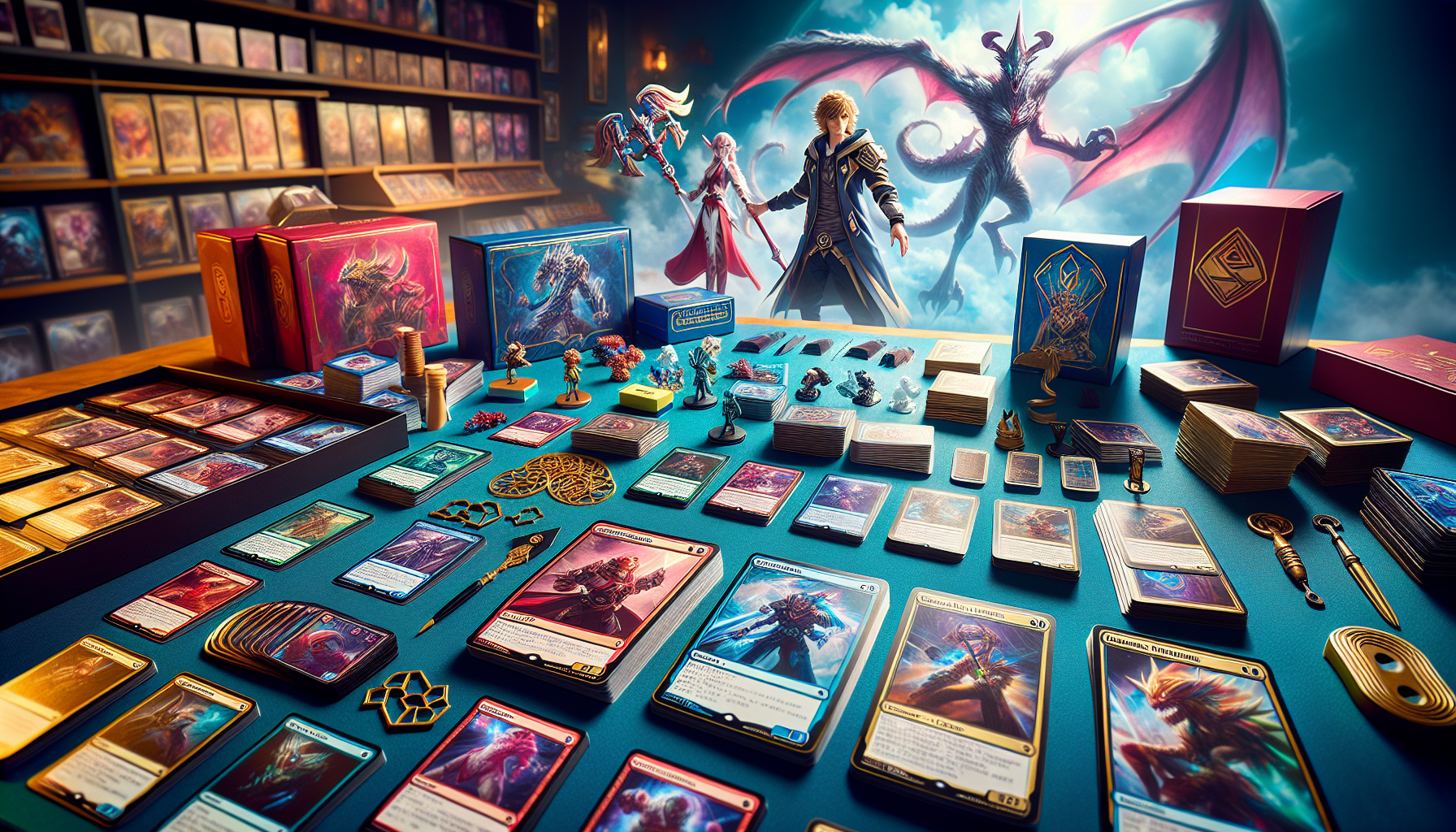 Dragon Ball-inspirerade samlarkort med Goku och Vegeta på bord i svensk hobbybutik, tillbehör, turneringstavla och färgglad miljö.