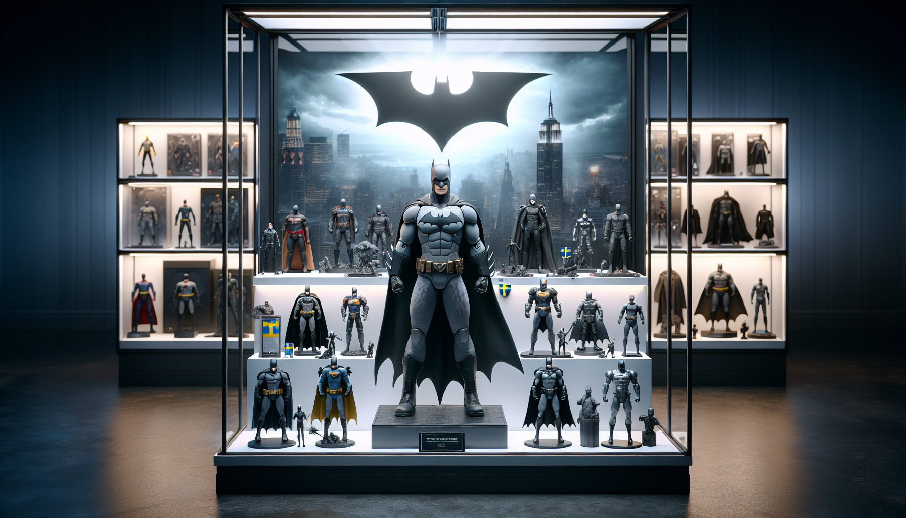 Välbelyst Batmansamling med actionfigurer, statyer och svenska detaljer på hylla, Bat-Signalen och Gotham i bakgrunden – Nerdbutiken.se.