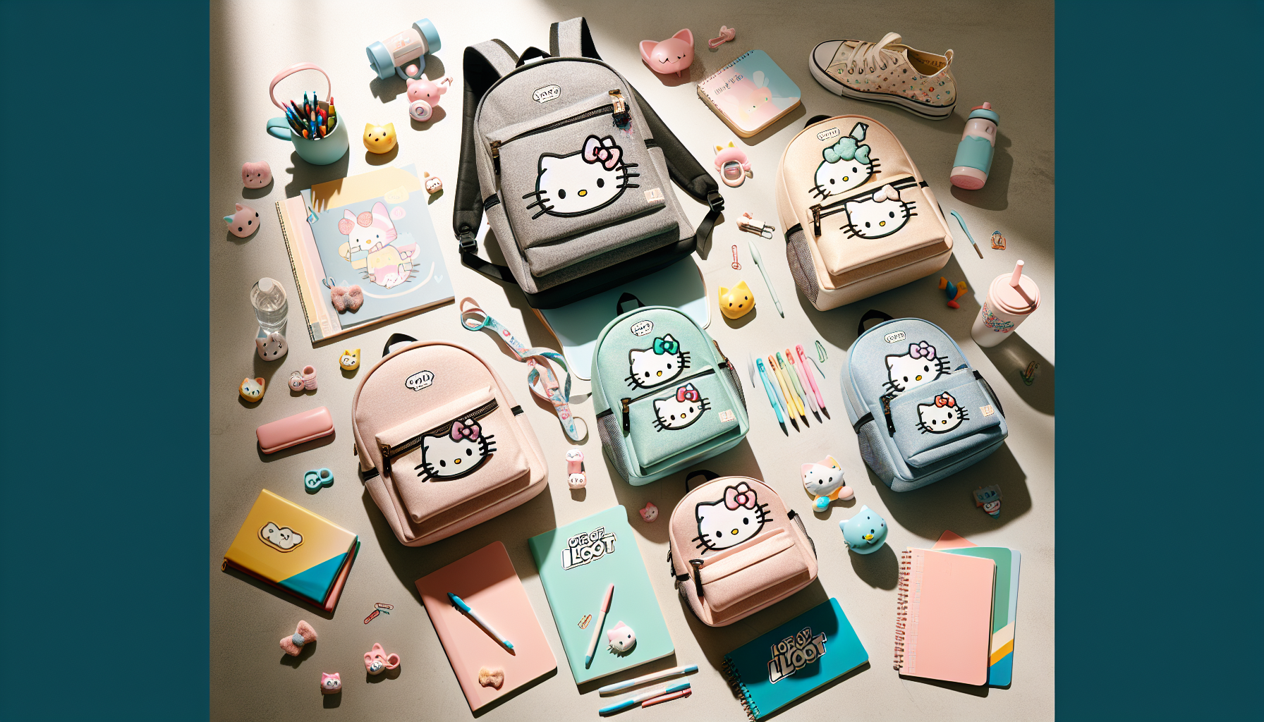 Färgglada Hello Kitty-ryggsäckar i olika storlekar med skolmaterial på ljus bakgrund, Lotsofloot.se, perfekta för barn och tonåringar.