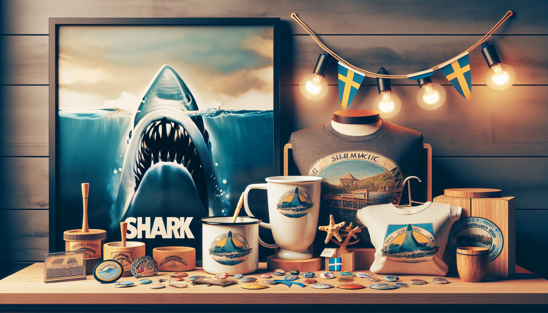 Inbjudande visning av Jaws-samlarprylar på träbord med svensk flagga, vintageposter, tröja, mugg och hajar i mysig butiksmiljö.