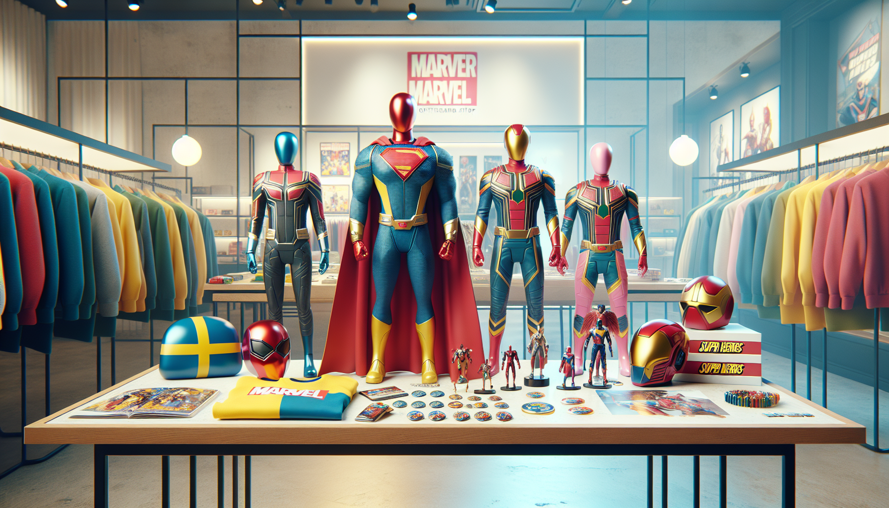 Power Rangers merchandise på bord: actionfigurer, hjälm, pins, T-shirt, svenska flaggan, Nerdbutiken.se-logga, färgglad butiksmiljö.