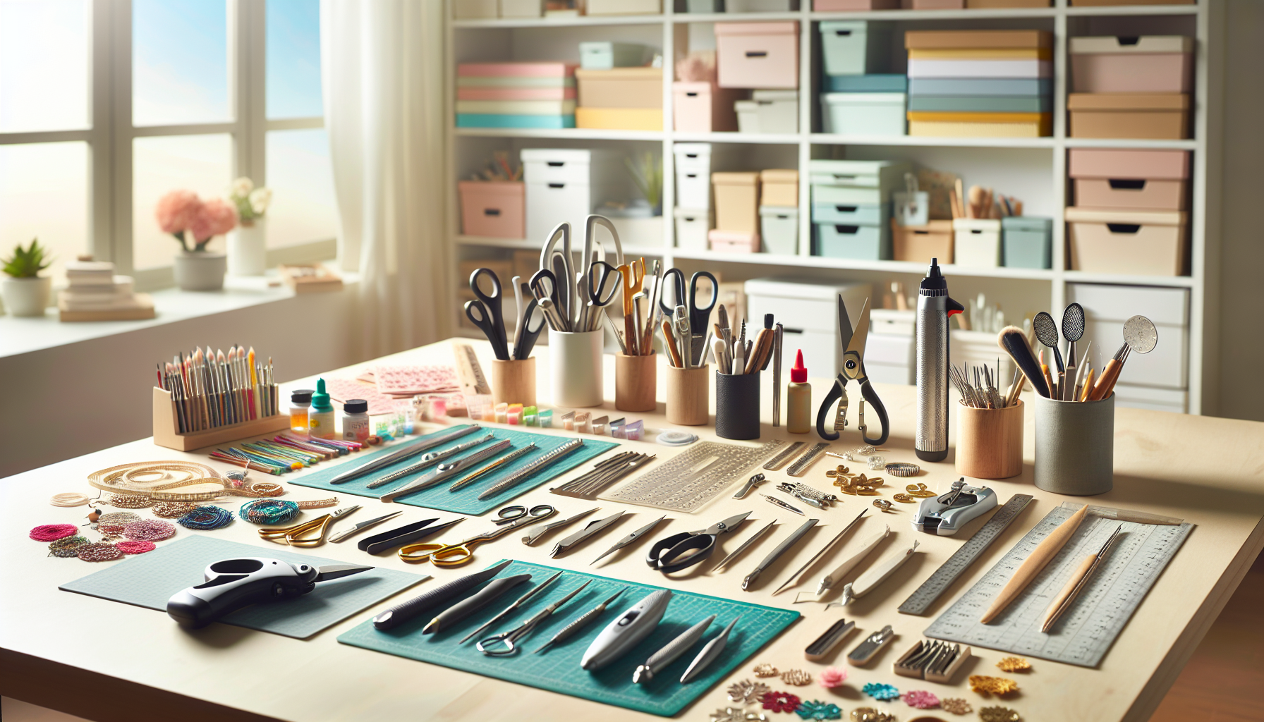 Ljust, organiserat pysselbord med professionella verktyg som saxar, linjaler, limpistoler och färgglada material hos Hilmaspyssel.se