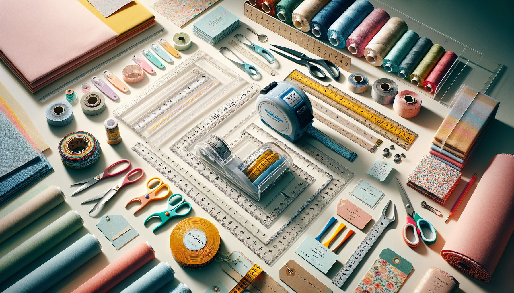 Plattläggning av sy- och pysselverktyg med måttband, linjaler, tygprover och Hilmaspyssel.se-tag på ljus bakgrund. Kreativt DIY-tema.