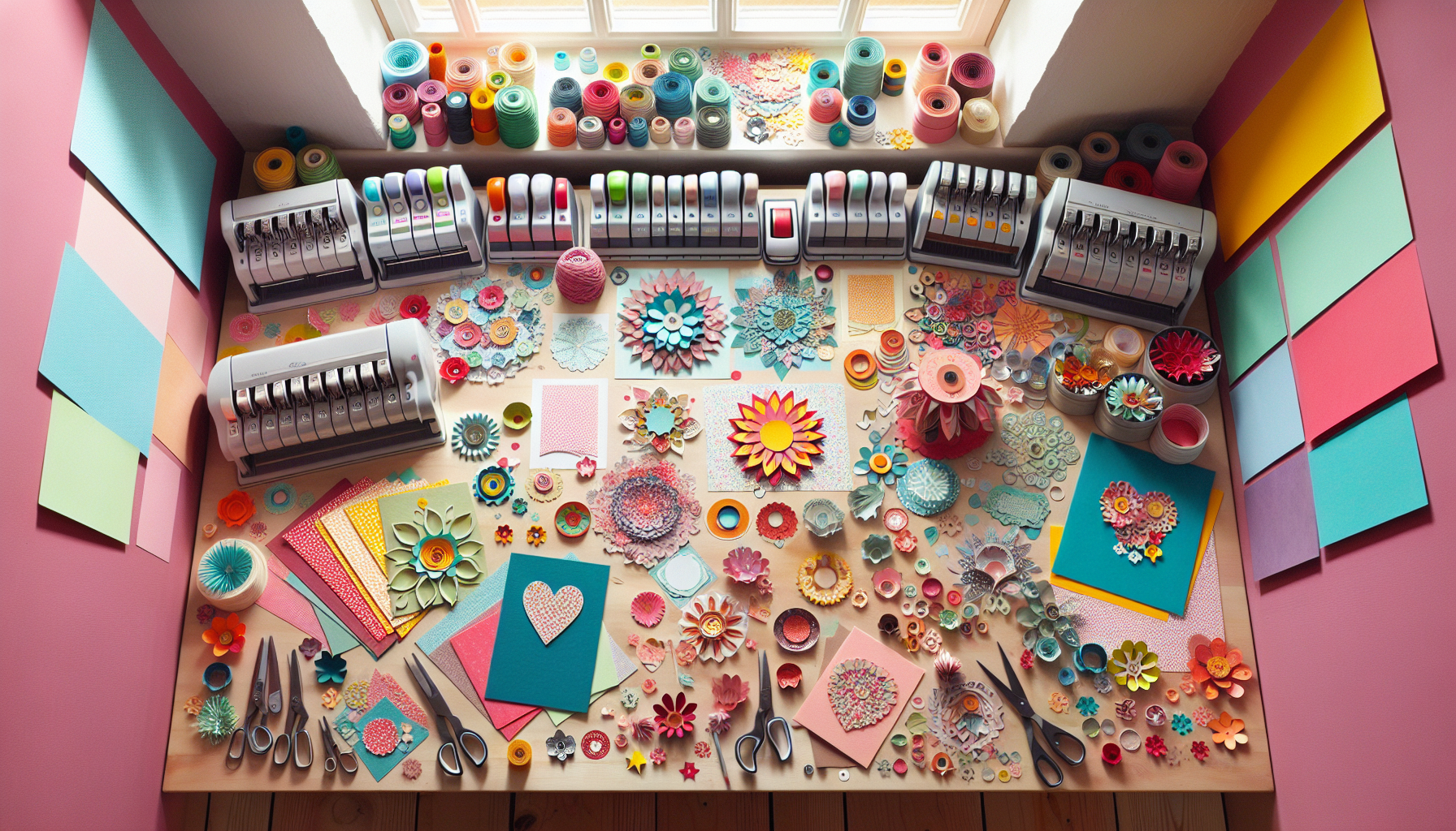 Färgglatt pysselbord med pappersstansar, utstansade former, kort och scrapbook, etikett “Hilmaspyssel.se”, svenskt DIY-inspiration.