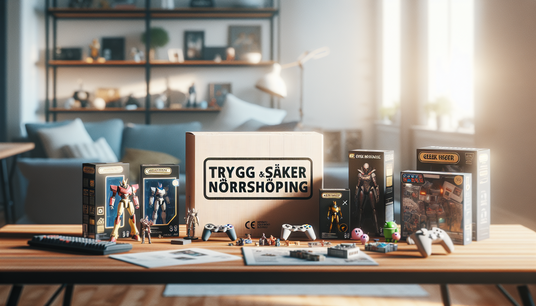 Headerbild för svensk nördshop: samlarprylar och gadgets på bord, CE-märkta för trygg och säker shopping, text: Trygg & Säker Nördshopping.