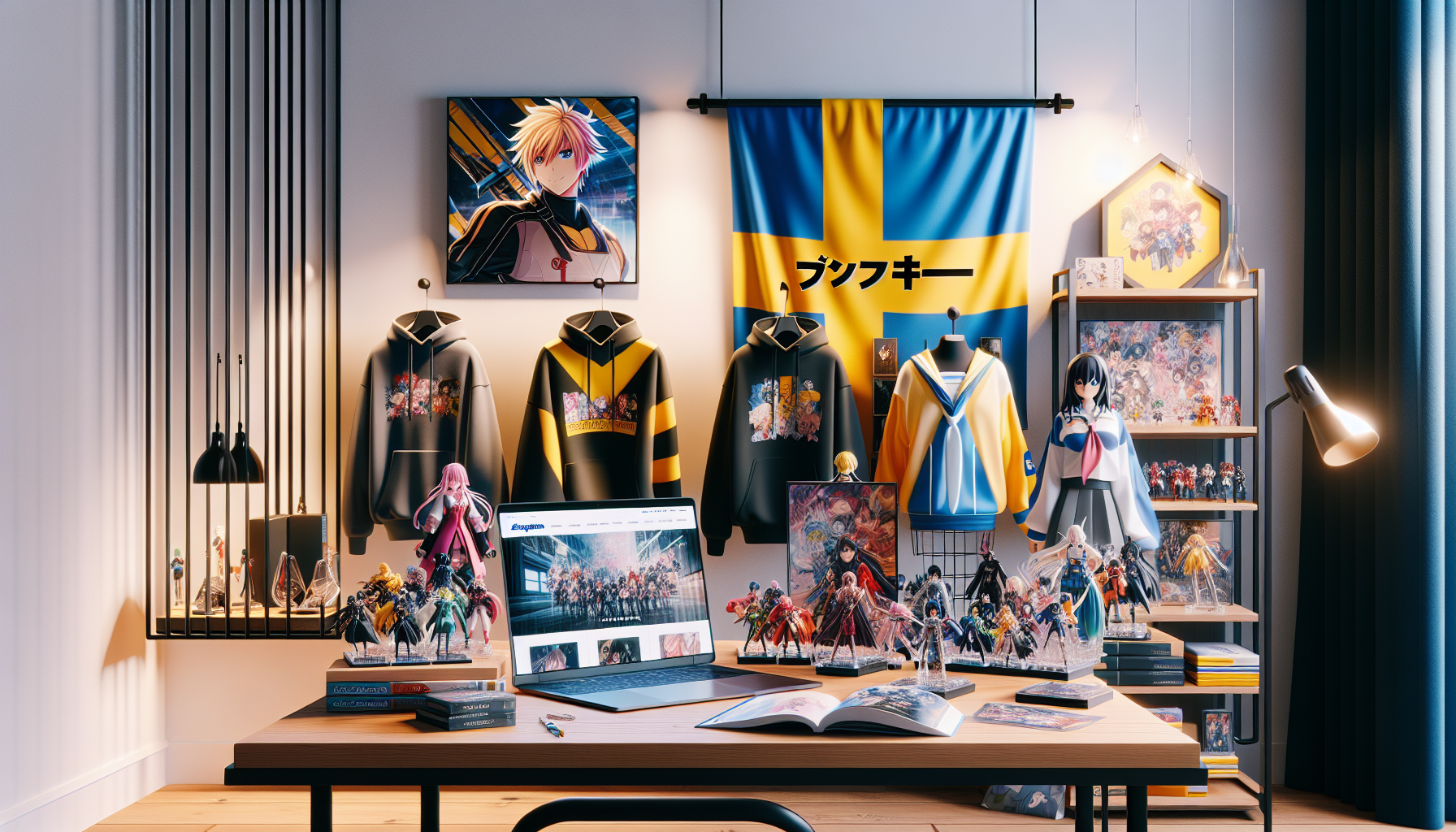 Demon Slayer merchandise i stilrent svenskt rum med actionfigurer, tröjor och väggscrolls, Nerdbutiken.se syns på laptop.